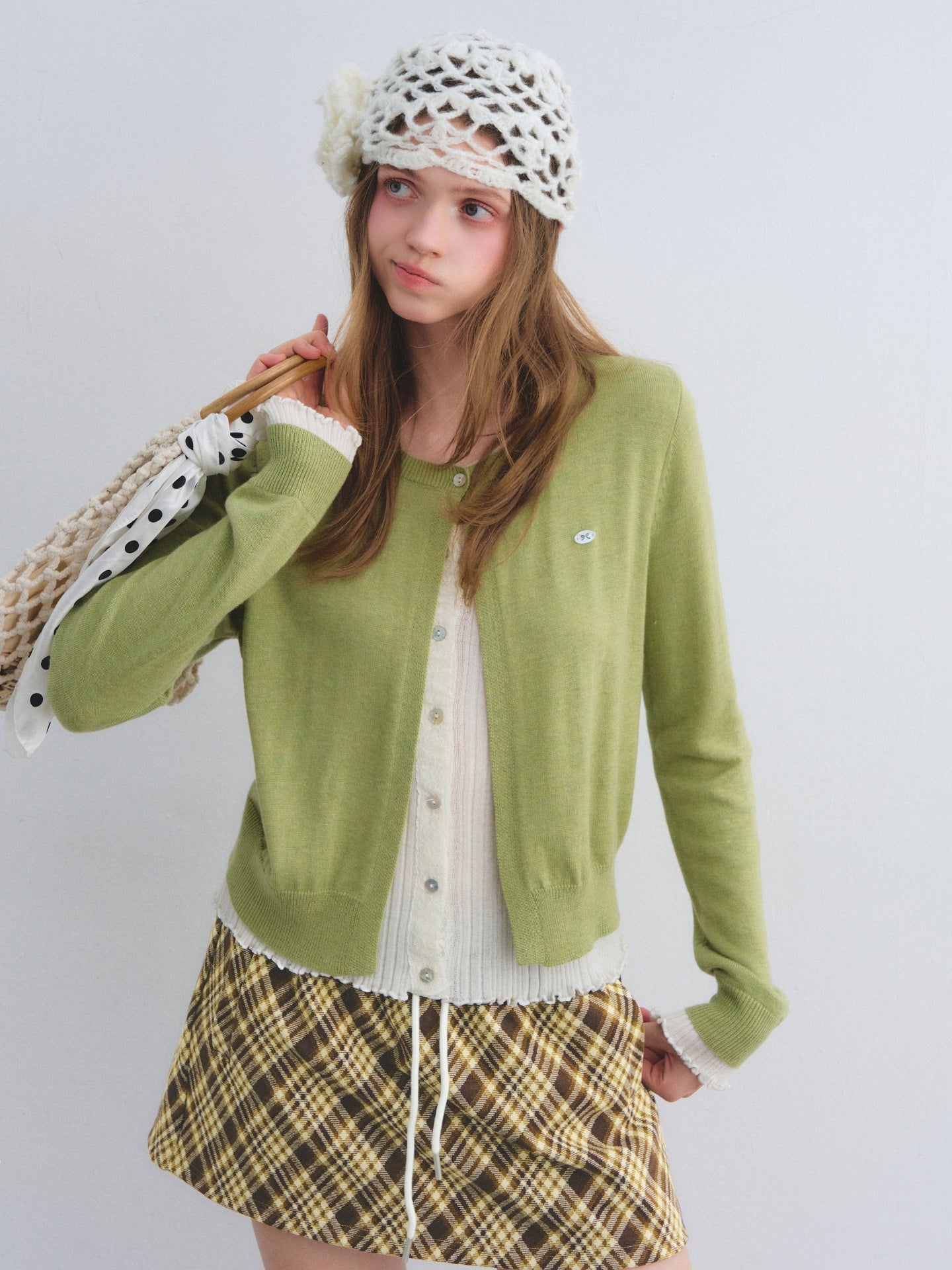 AsGony ASG25409 Color-blocking faux two-piece knit cardigan