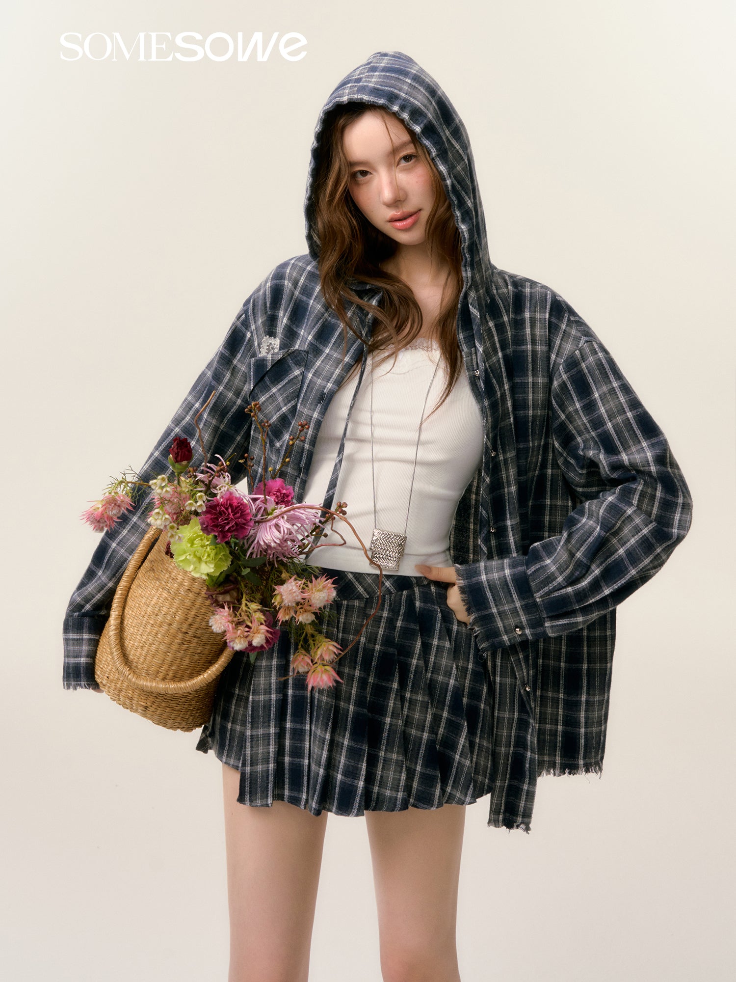 SOMESOWE S2508025&S2508026 Plaid hooded shirt + shorts set(seperate)