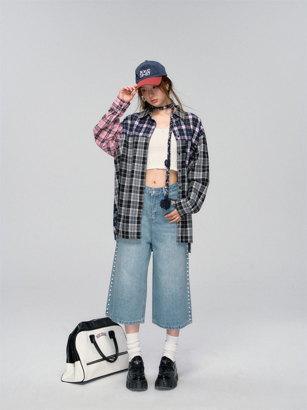 AsGony ASG25034 Checkered multi-color patchwork loose shirt