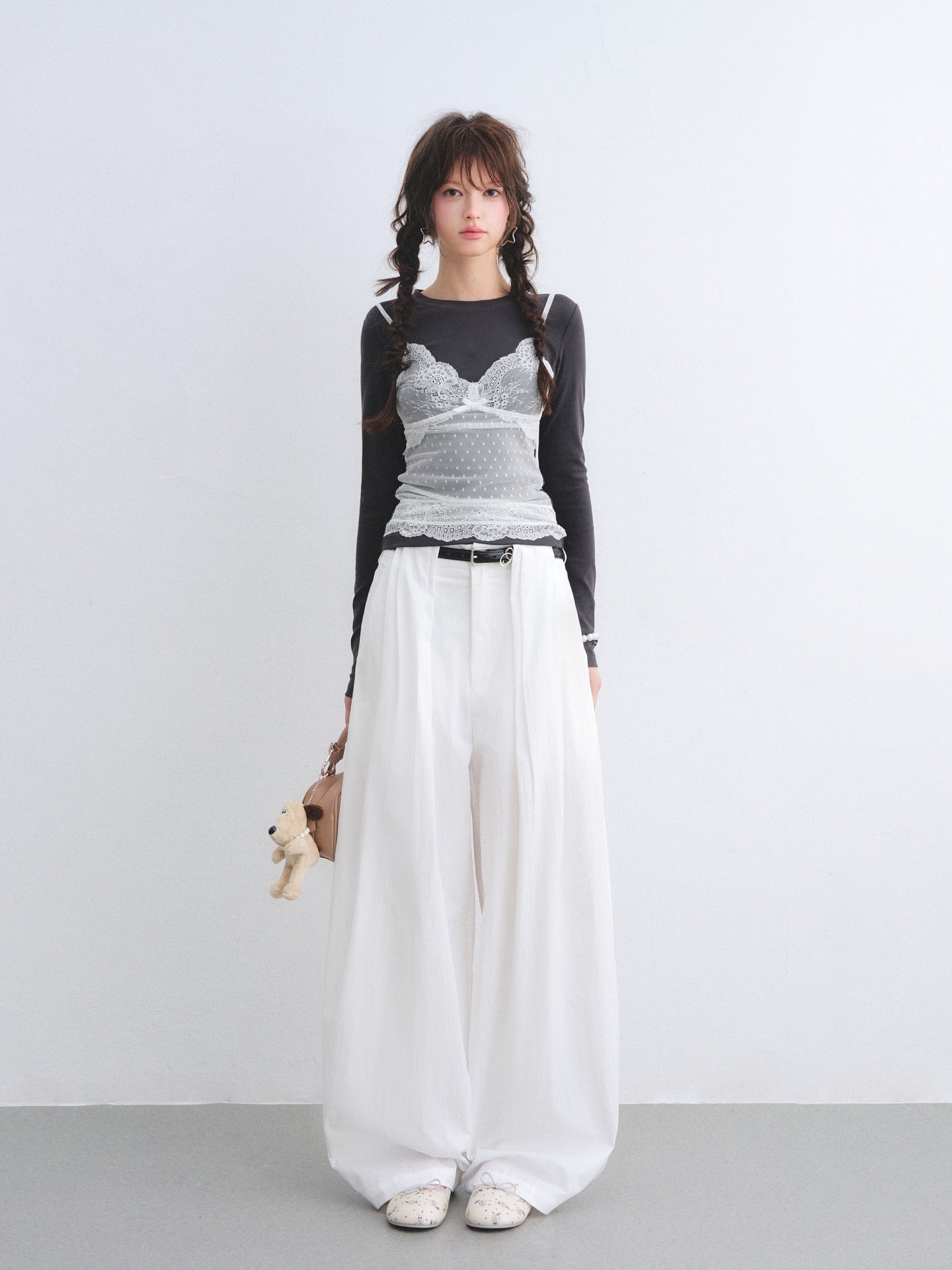 AsGony ASG26006 Pleated waist curved blade wide-leg suit pants