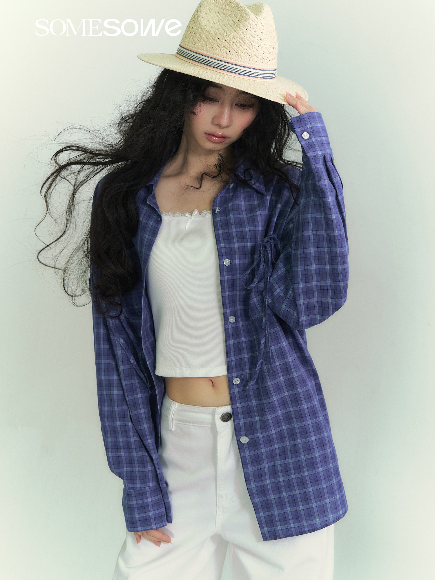 SOMESOWE S2609071 Drawstring pocket plaid shirt