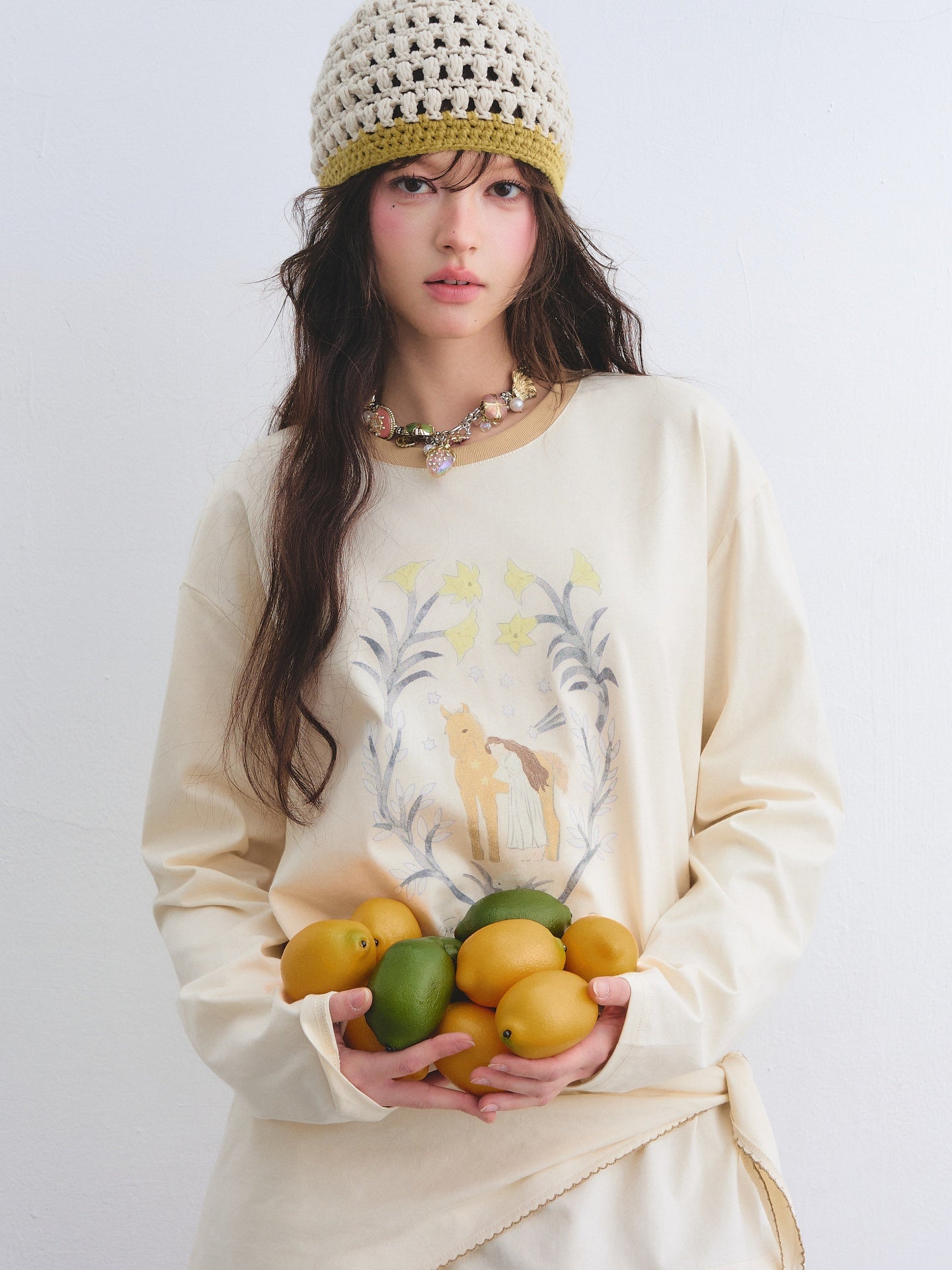 AsGony ASG26025 Triangle shawl pony print T-shirt two-piece set