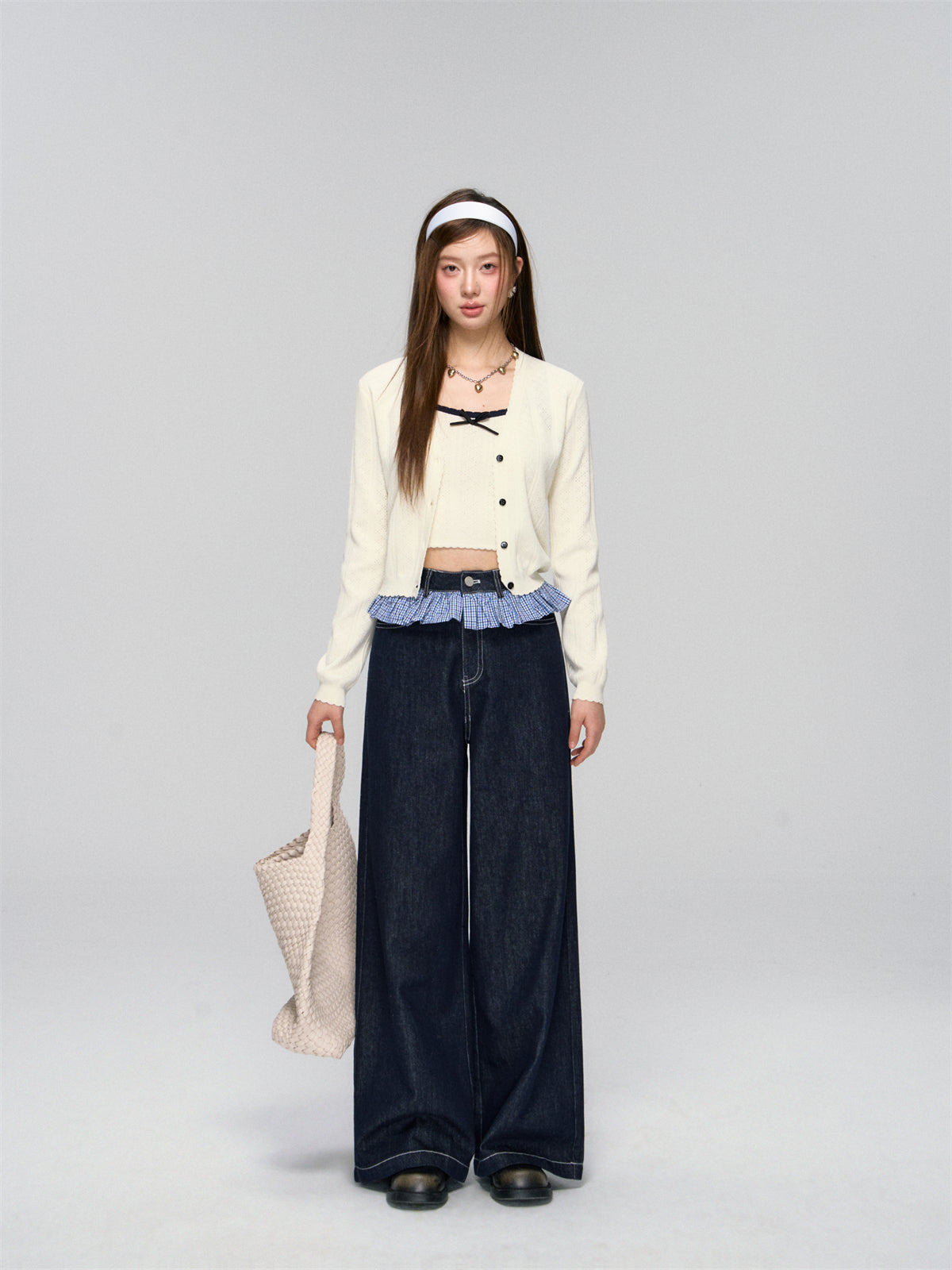 AsGony ASG25041 Color blocking bow strap cardigan two-piece set