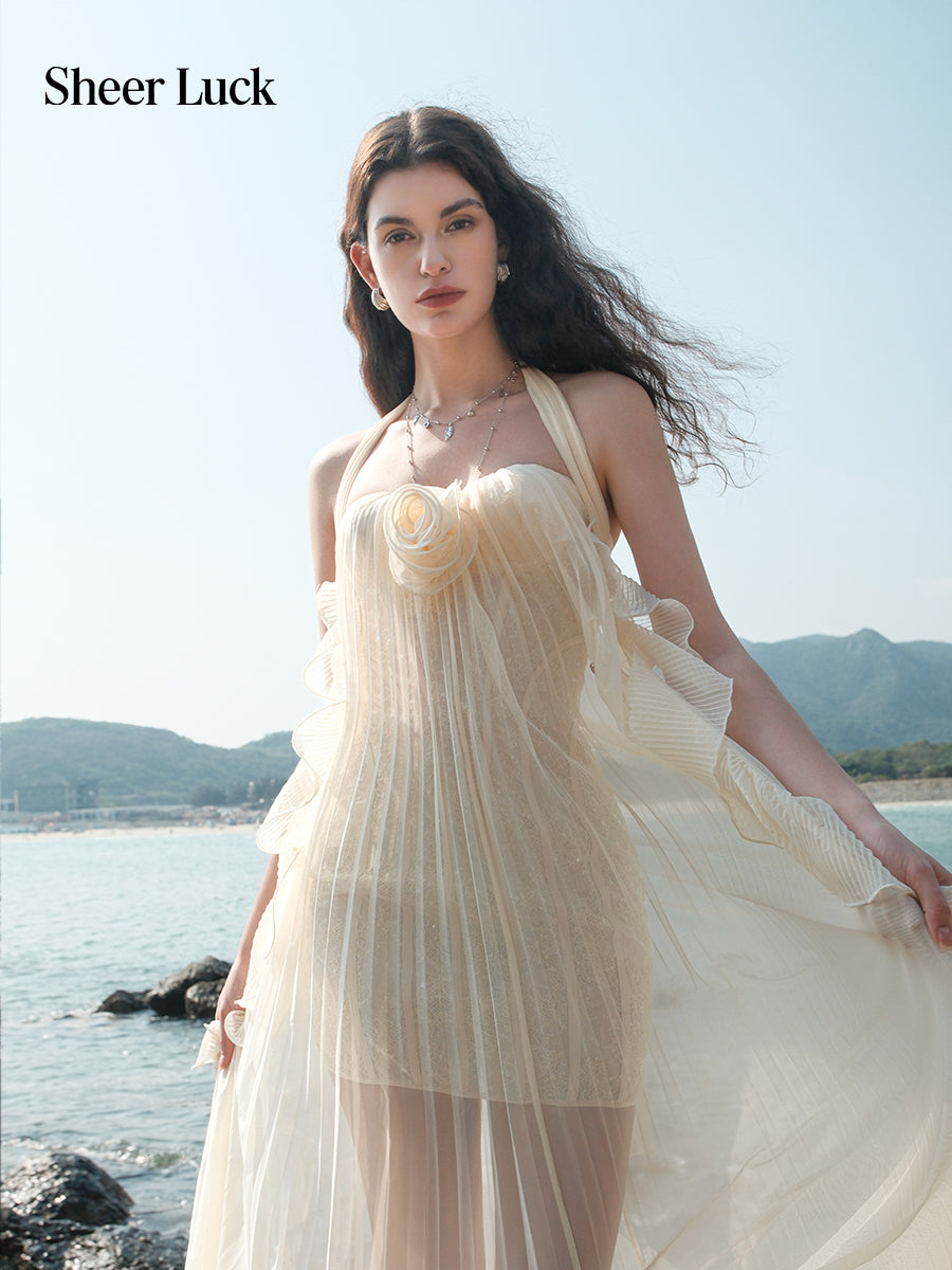 SHEERLUCK SLLYQ26311 Mesh neck hanging backless camisole dress