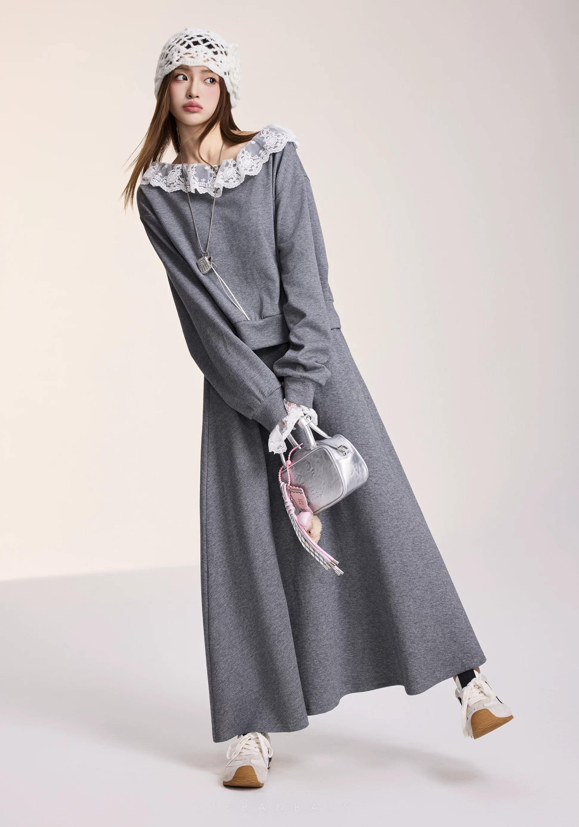 OTEBANBASS Grey Lace-Trim Co-ord Skirt Set