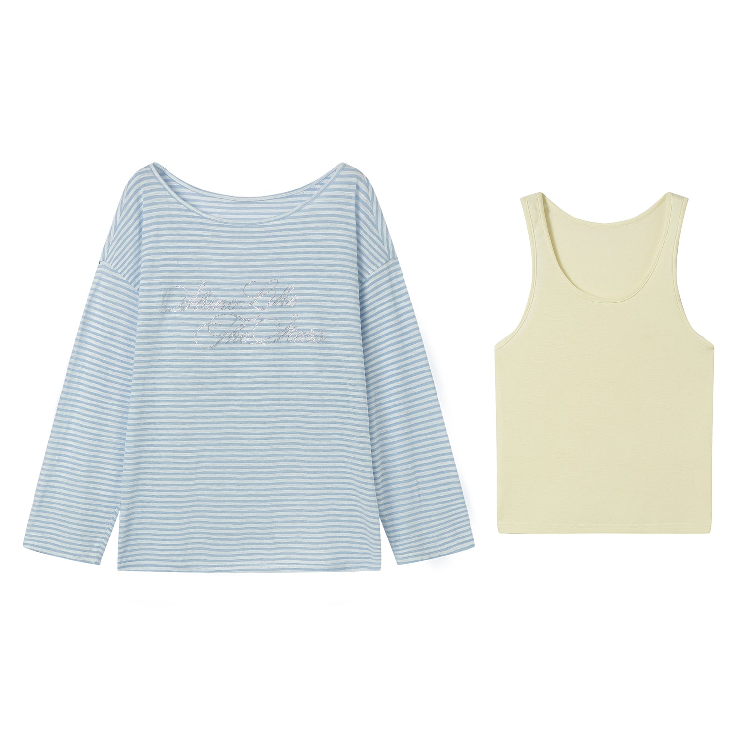 AsGony ASG25078 Off shoulder striped rhinestone T-shirt