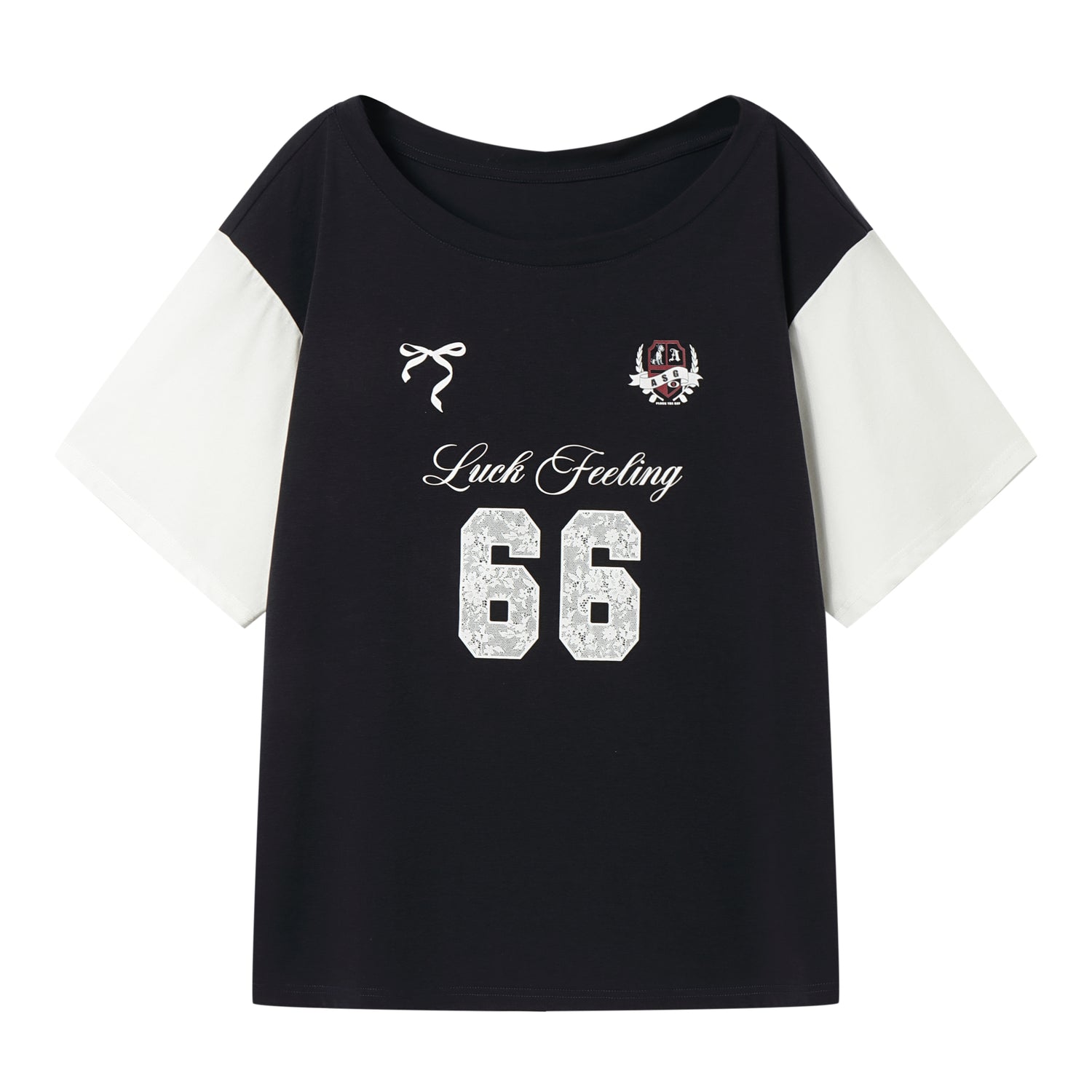 AsGony ASG25084 Off shoulder lace printed knitted T-shirt