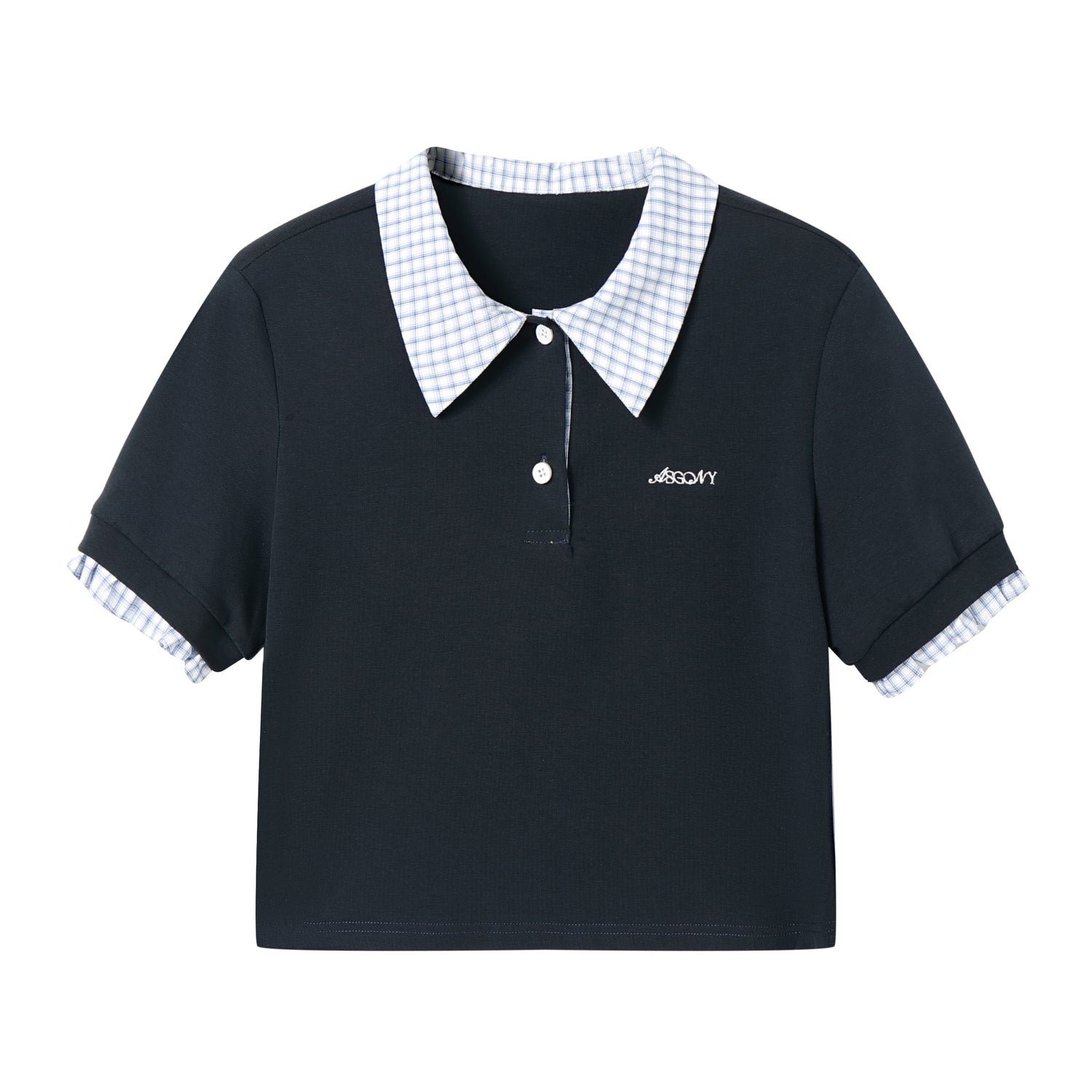 AsGony ASG25090 Embroidered plaid patchwork polo shirt