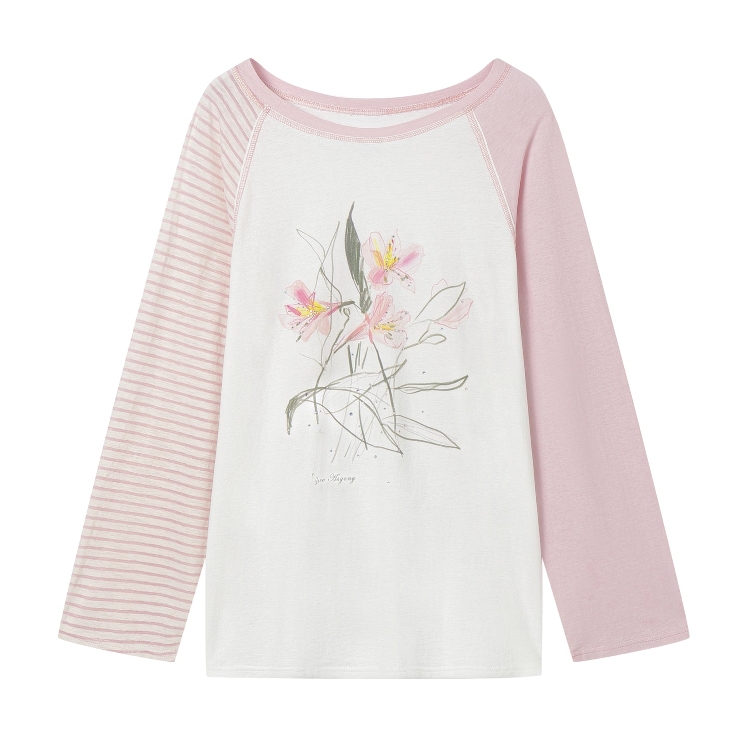 AsGony ASG25120 Color blocked floral print round neck T-shirt