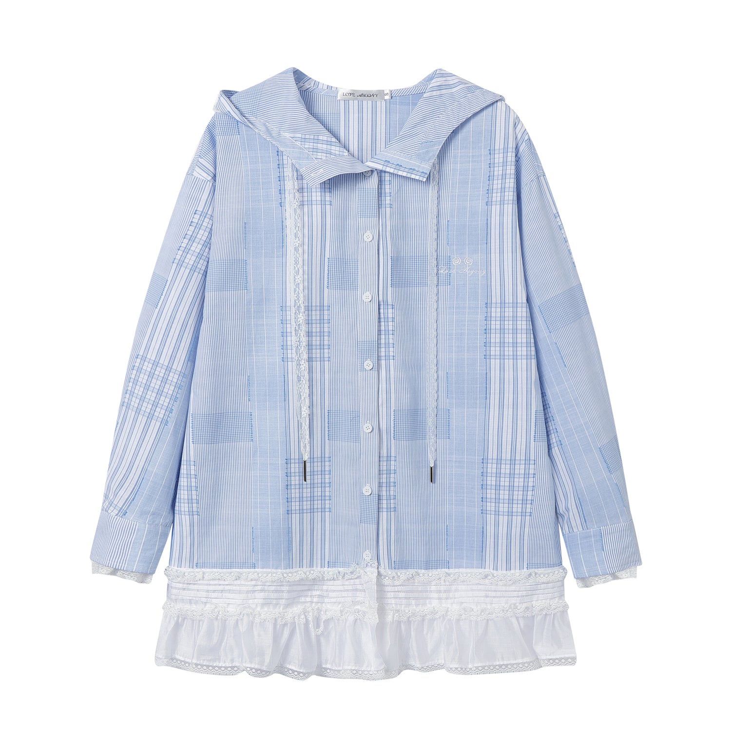 AsGony ASG25122 Plaid patchwork lace hooded shirt