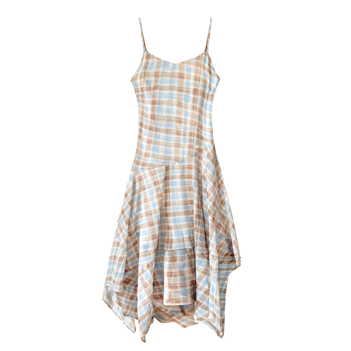 AsGony ASG25159 Irregular plaid camisole ruffle edge dress