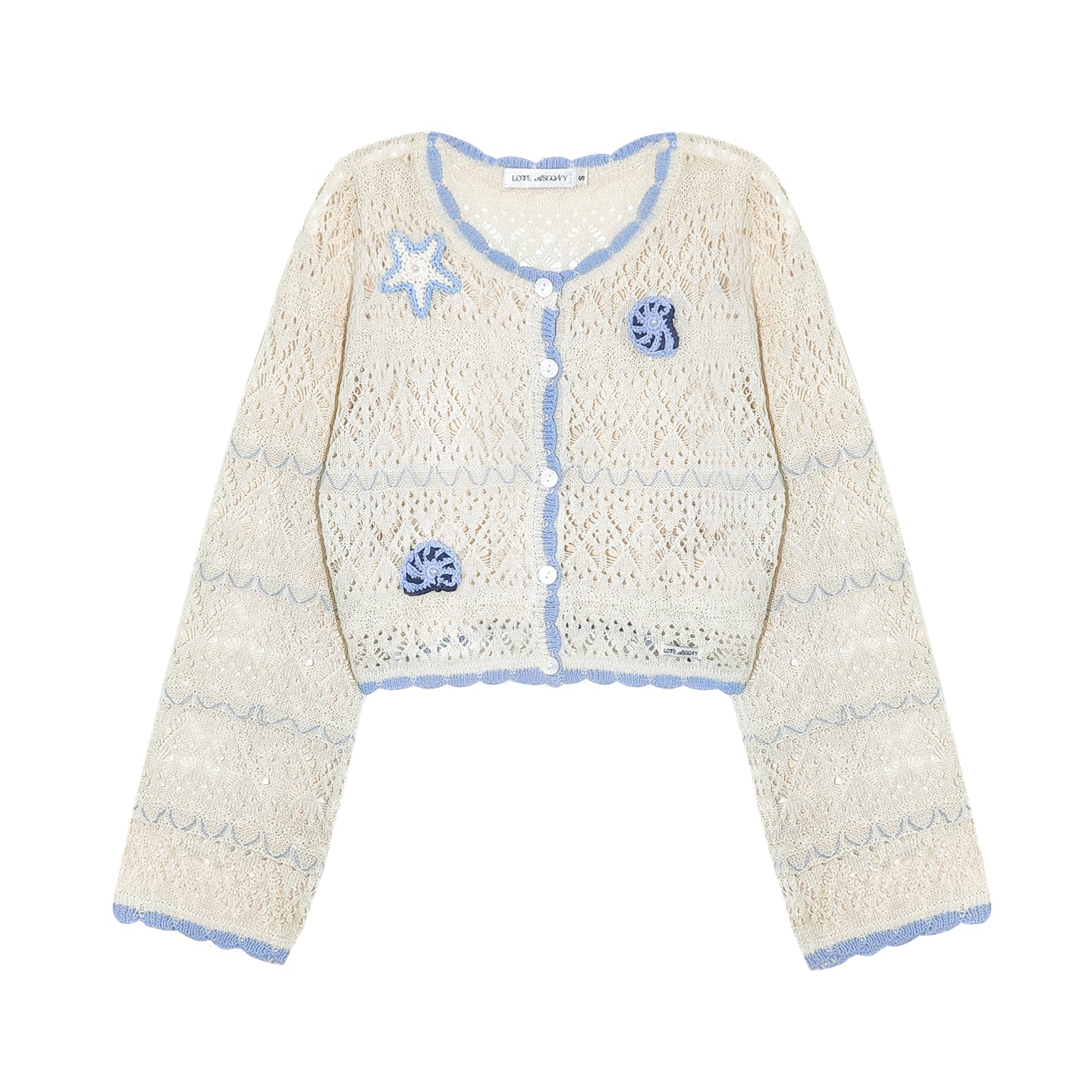 AsGony ASG25233 Ocean style hollow knitted pearl cardigan