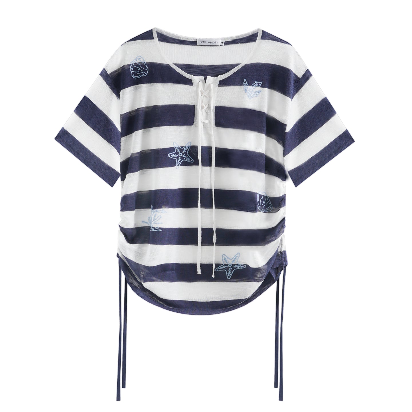 AsGony ASG25235 Ocean style striped embroidered drawstring top