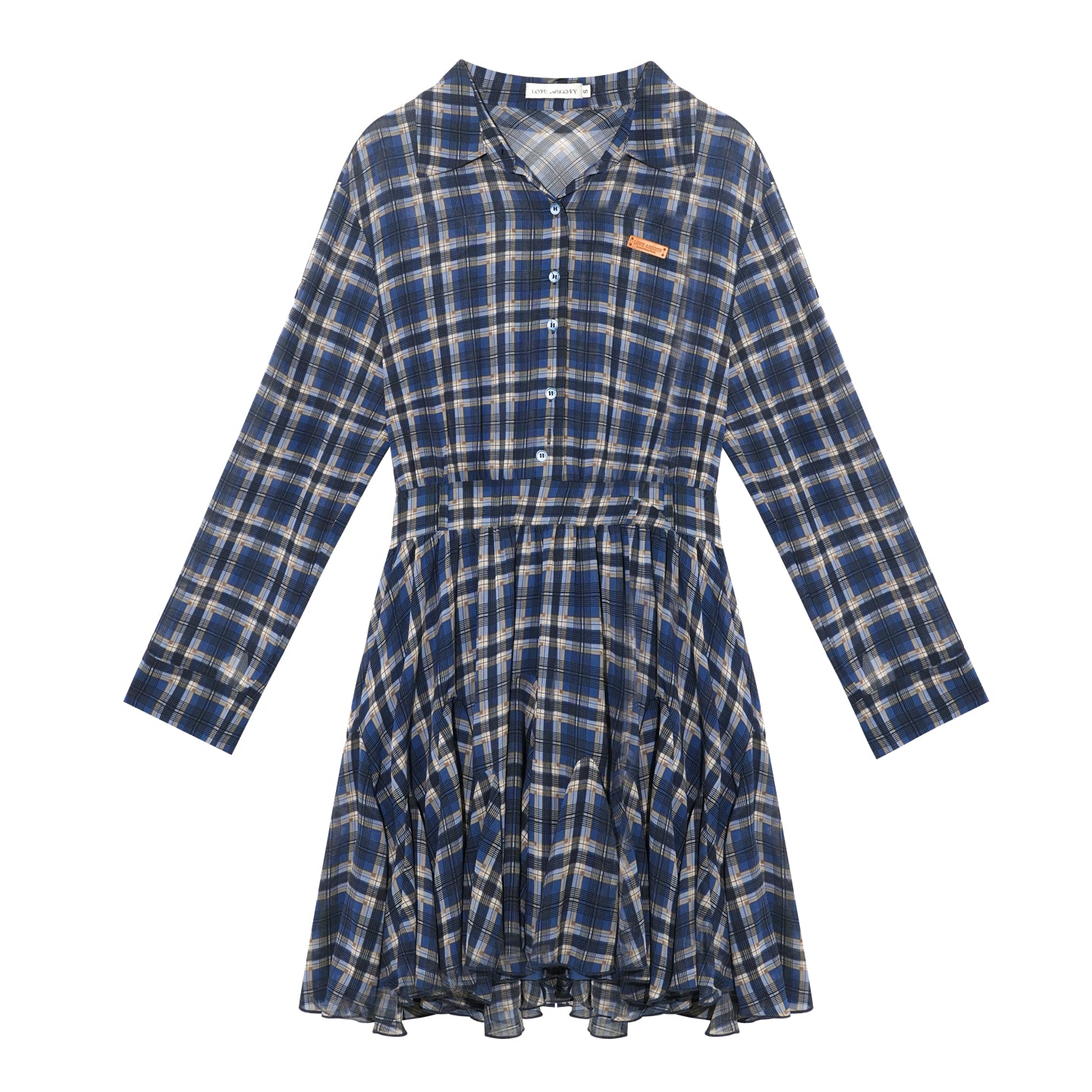 AsGony ASG25260 Plaid waist cinched long sleeved shirt dress