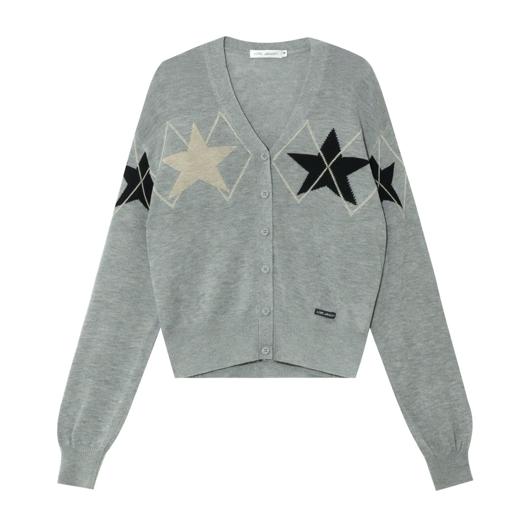 AsGony ASG25292 Star diamond grid jacquard knitted cardigan