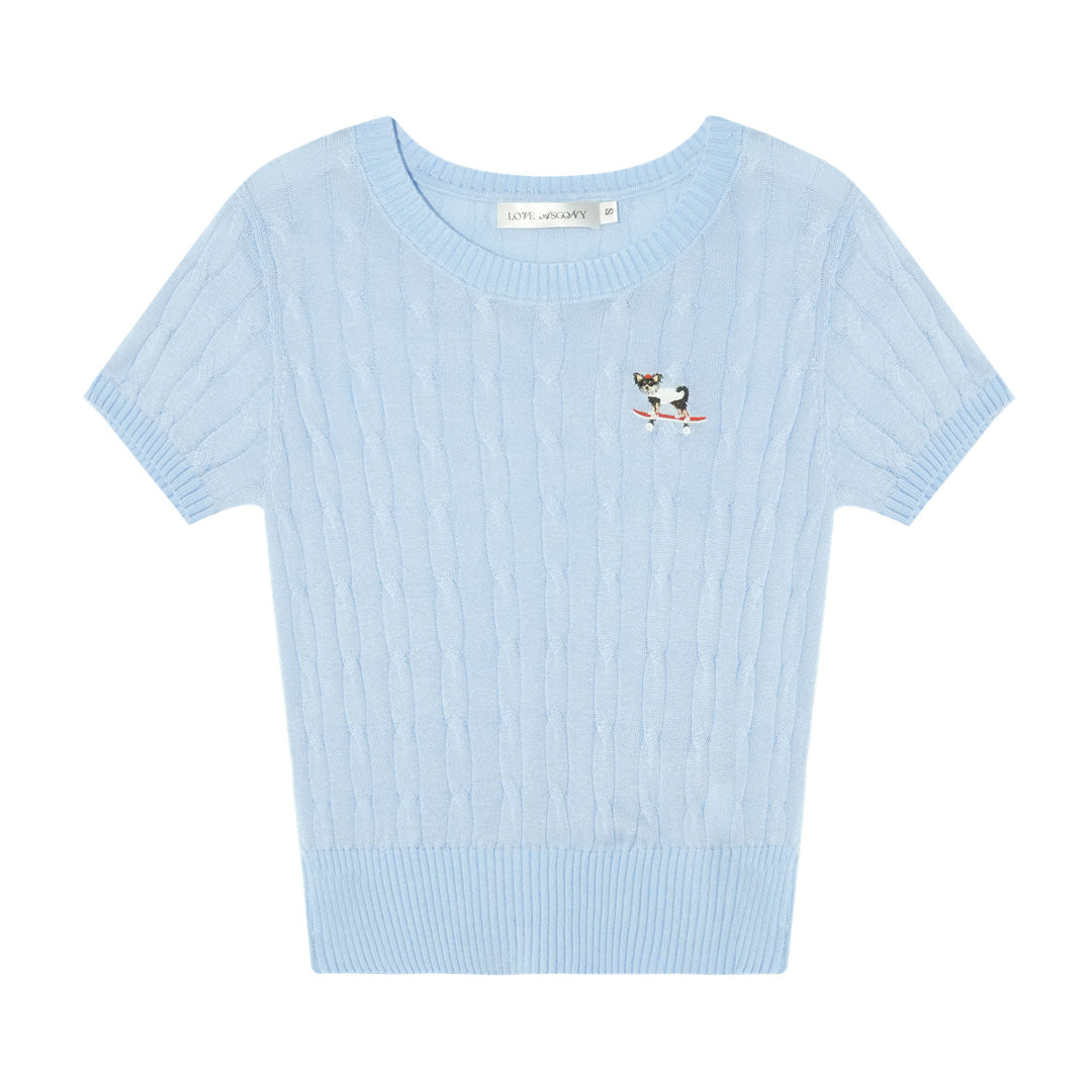AsGony ASG25296 Skateboarding Dog Embroidery Knitted Short Sleeve Top