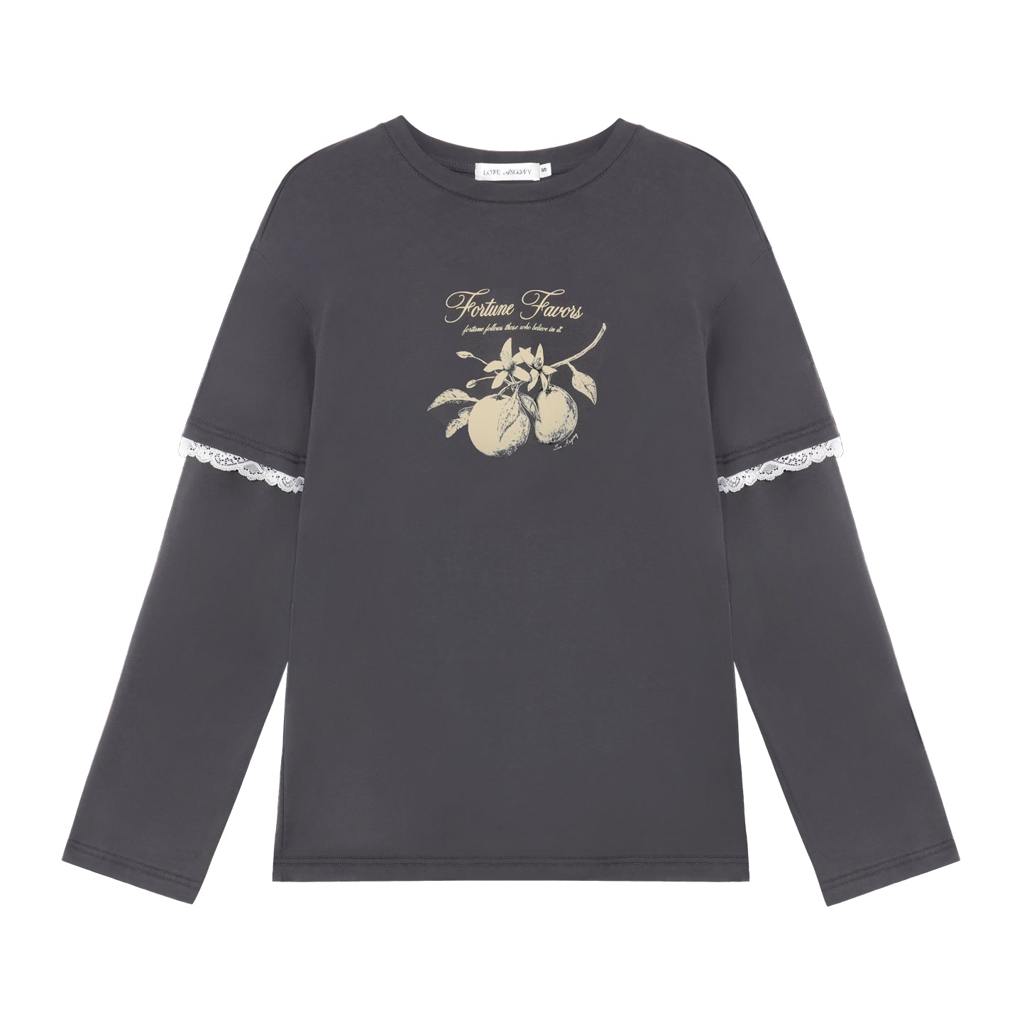 AsGony ASG25297 Fruit print fake two piece lace splicing T