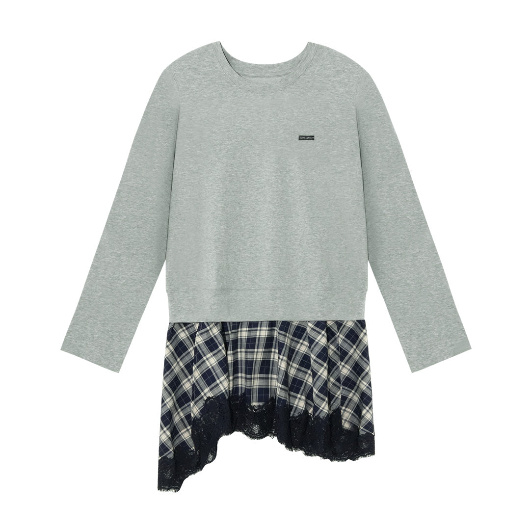 AsGony ASG25314 Plaid lace patchwork long sleeved knitted dress