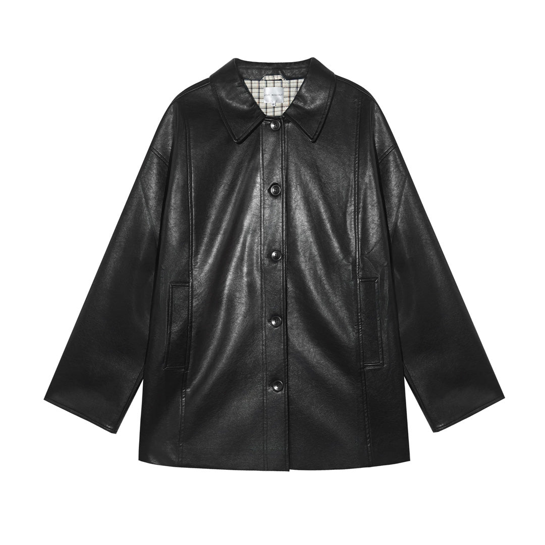AsGony ASG25334 Cuff plaid patchwork leather jacket