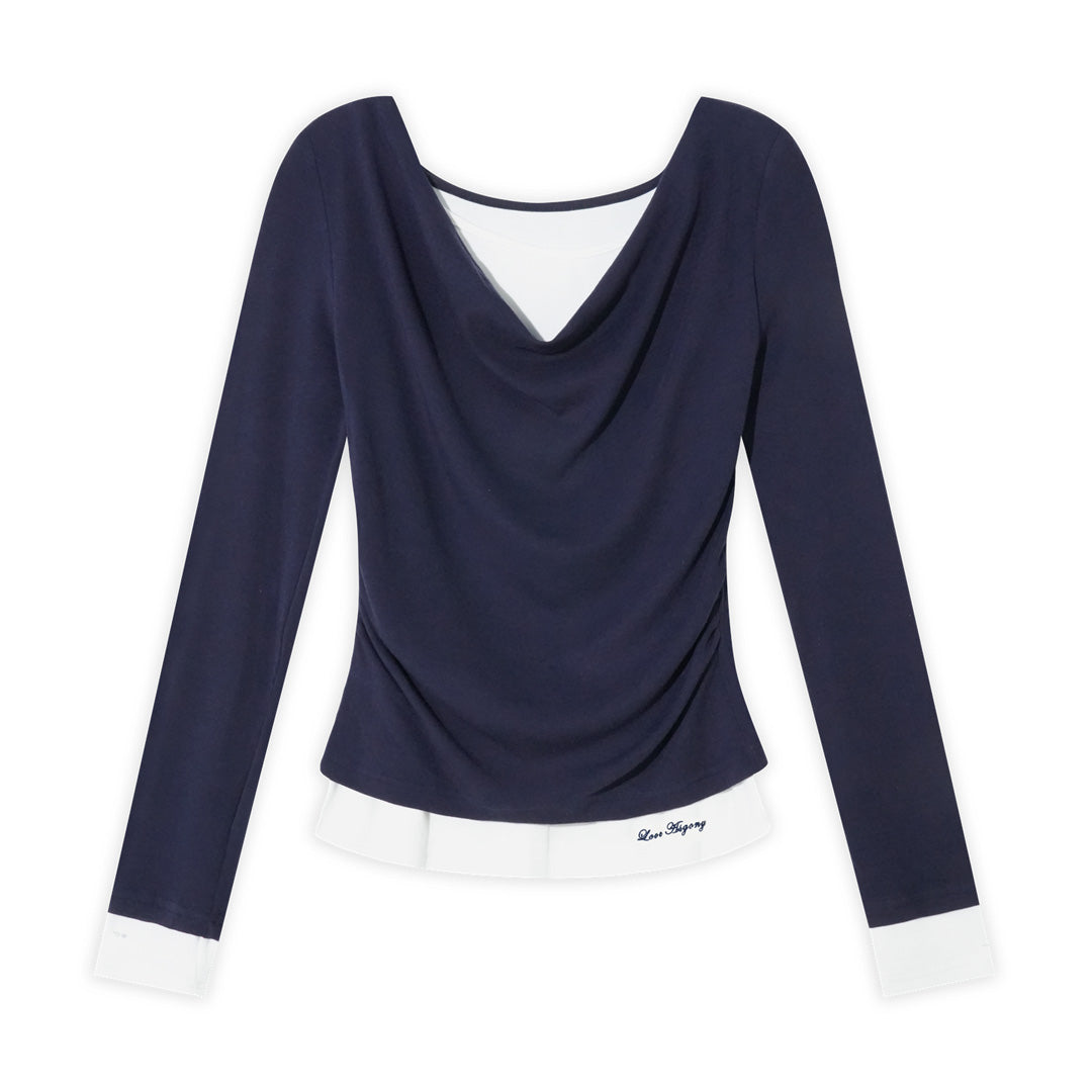 AsGony ASG25364 Fake two-piece contrasting color splicing base top