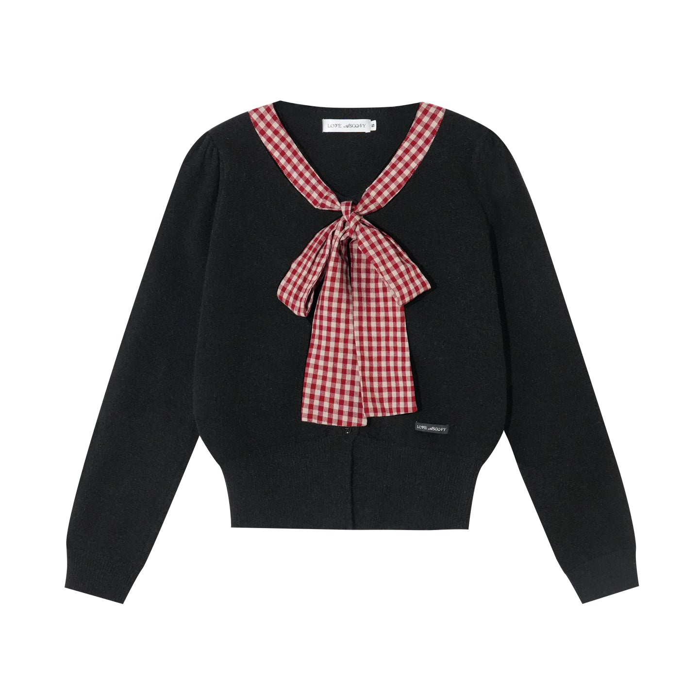 AsGony ASG25410 Plaid bow round neck knitted cardigan