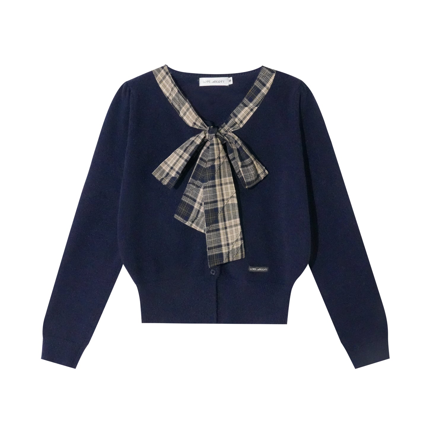 AsGony ASG25410 Plaid bow round neck knitted cardigan