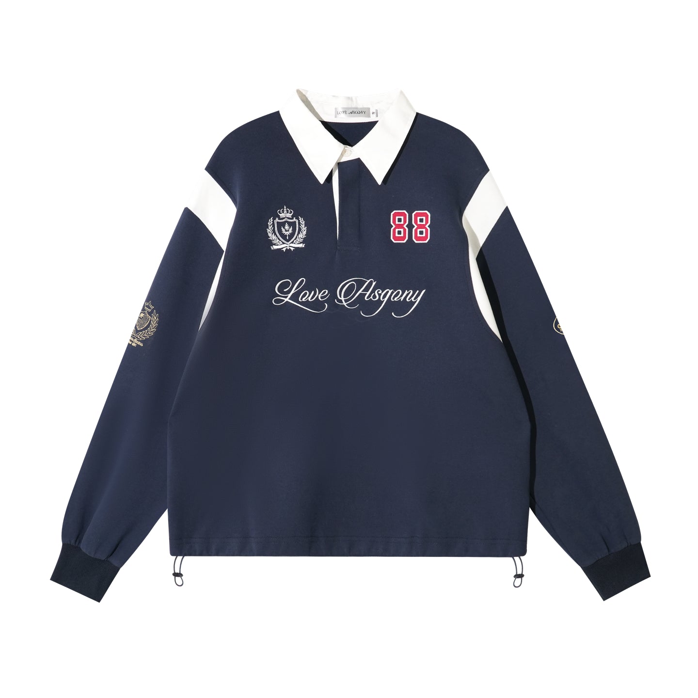 AsGony ASG25439 Color blocking shirt collar embroidered drawstring sweatshirt