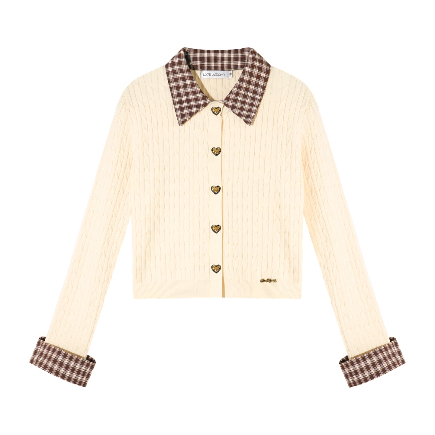 AsGony ASG25485 Wool plaid patchwork shirt collar twisted knit sweater