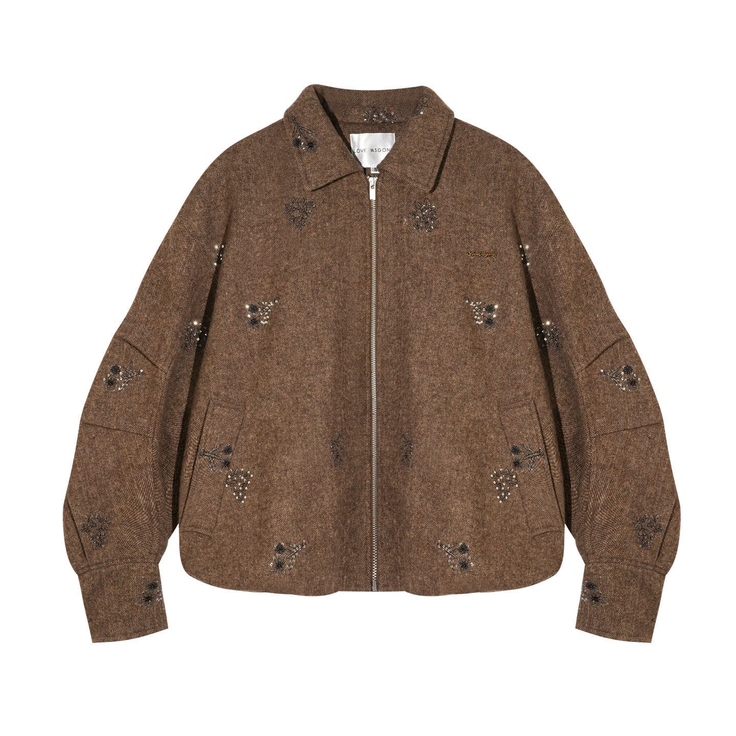 AsGony ASG25497 Bead embroidery plaid splicing flower bud wool jacket