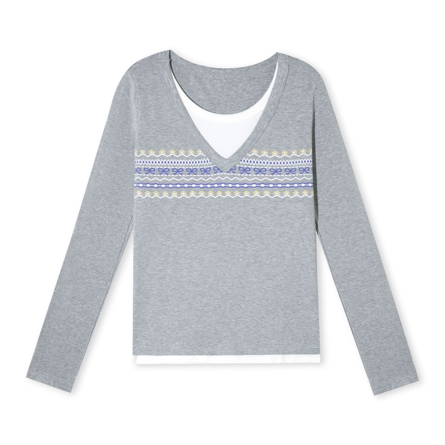 AsGony ASG25546 Fair Island Printed Fake Two Piece Top