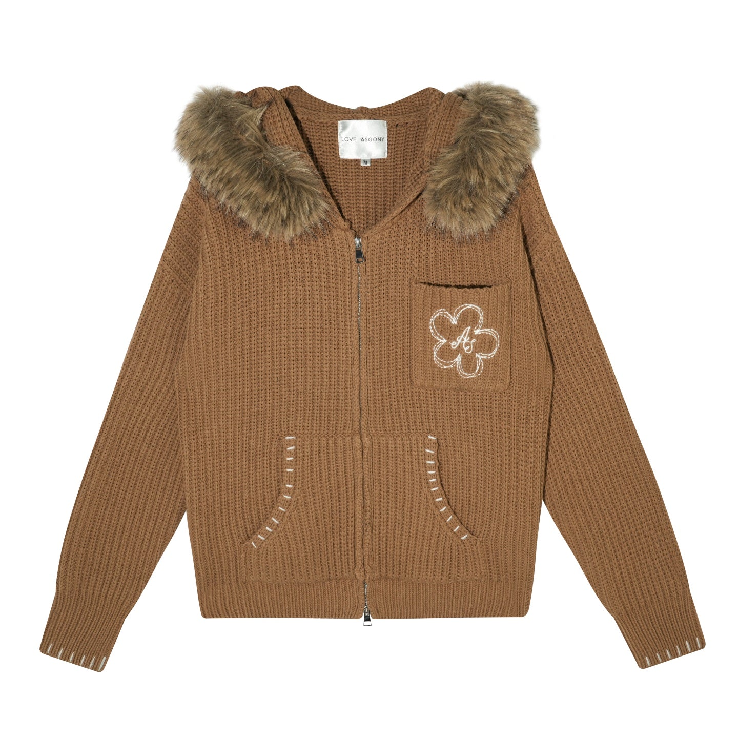 AsGony ASG25552 Detachable fur collar texture embroidered knit cardigan