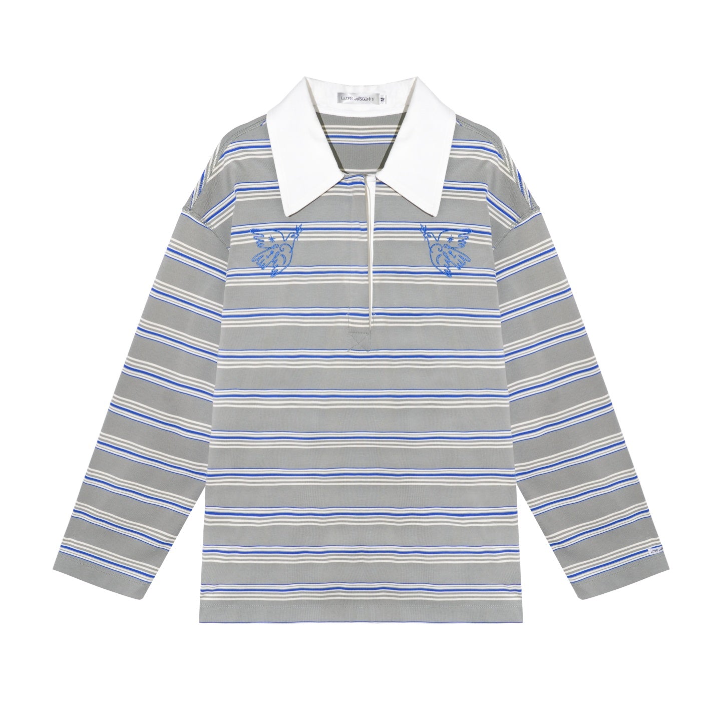 AsGony ASG25646 Collar patchwork striped embroidered long sleeved polo shirt