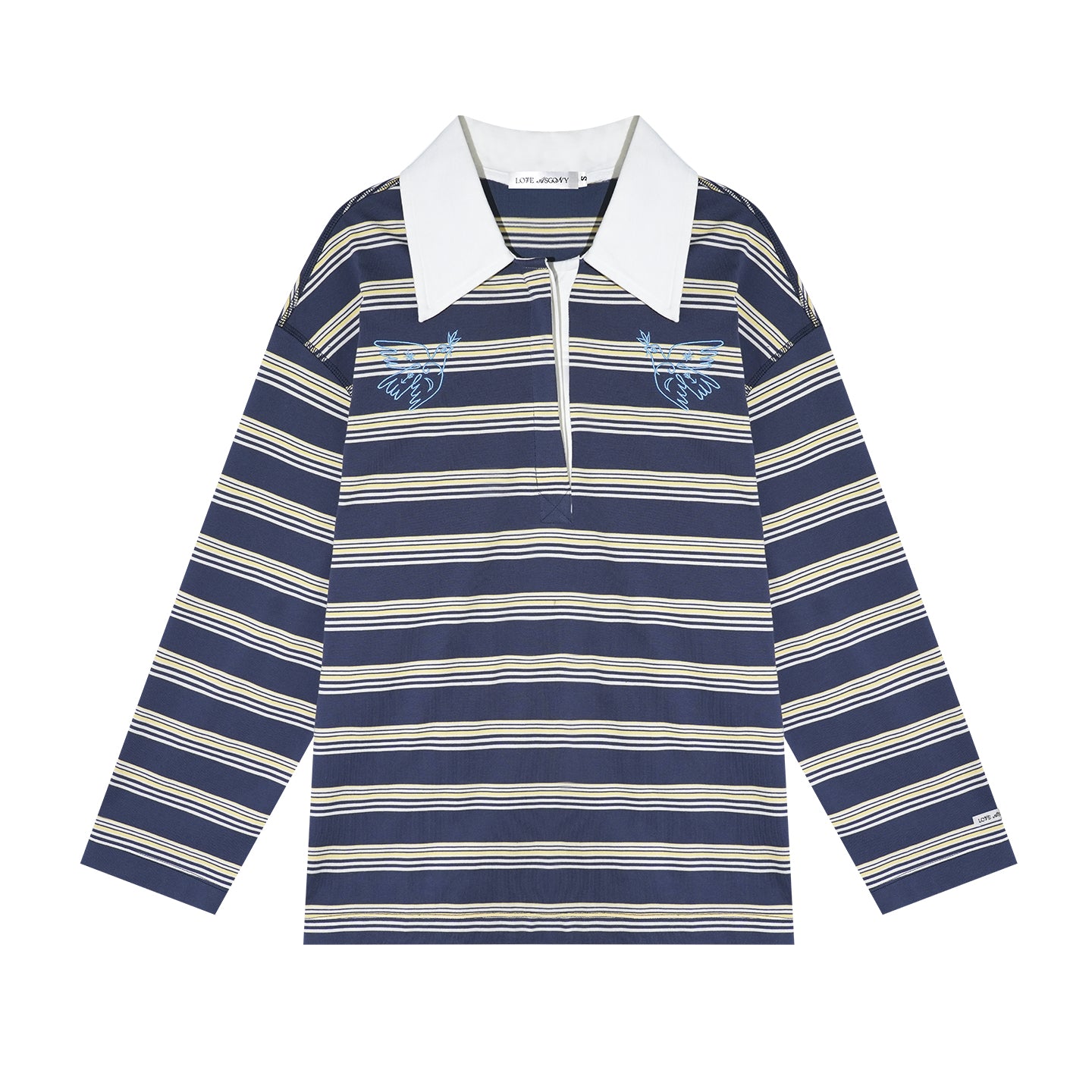 AsGony ASG25646 Collar patchwork striped embroidered long sleeved polo shirt