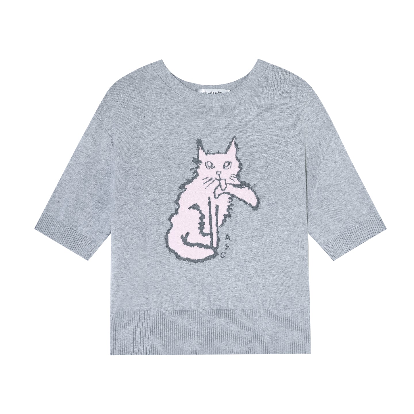 AsGony ASG26005 Round-neck jacquard cat print short-sleeved knit pullover