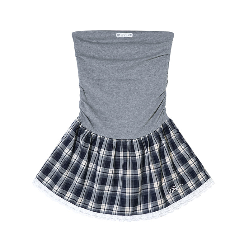 AsGony ASG26010&ASG26011 Strapless pleated plaid patchwork lace dress + shirt