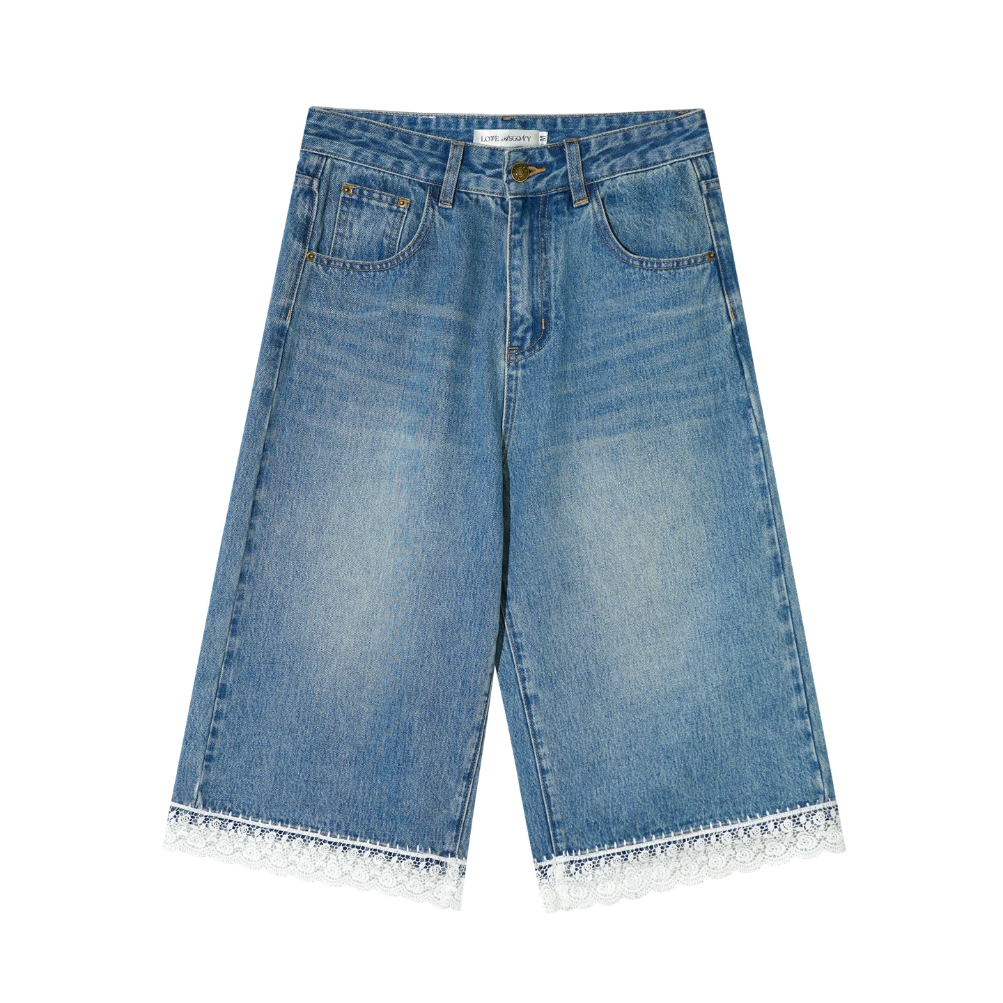AsGony ASG26012 Ruffled Embroidered Hem Washed Denim Seven-Eighths Pants