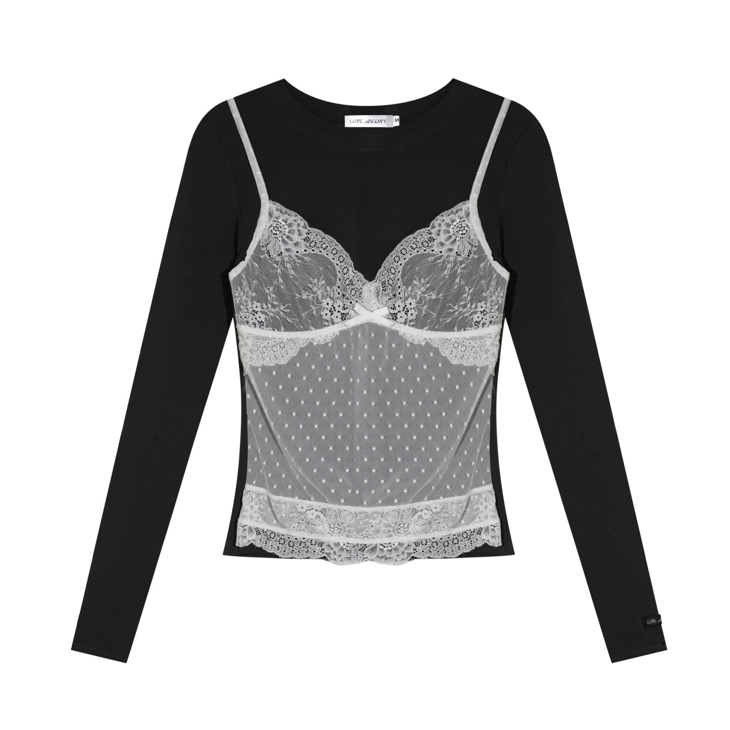 AsGony ASG26013 Fake two lace patchwork long sleeved base T-shirt