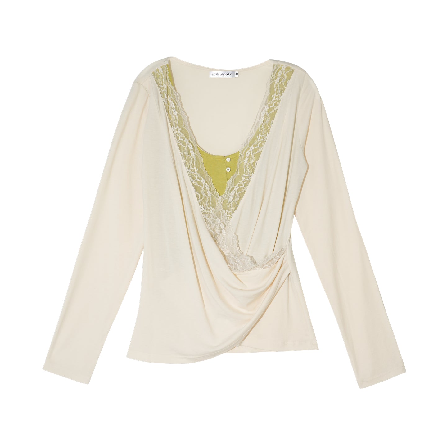 AsGony ASG26039 Tencel lace cross splicing color blocking fake two-piece top