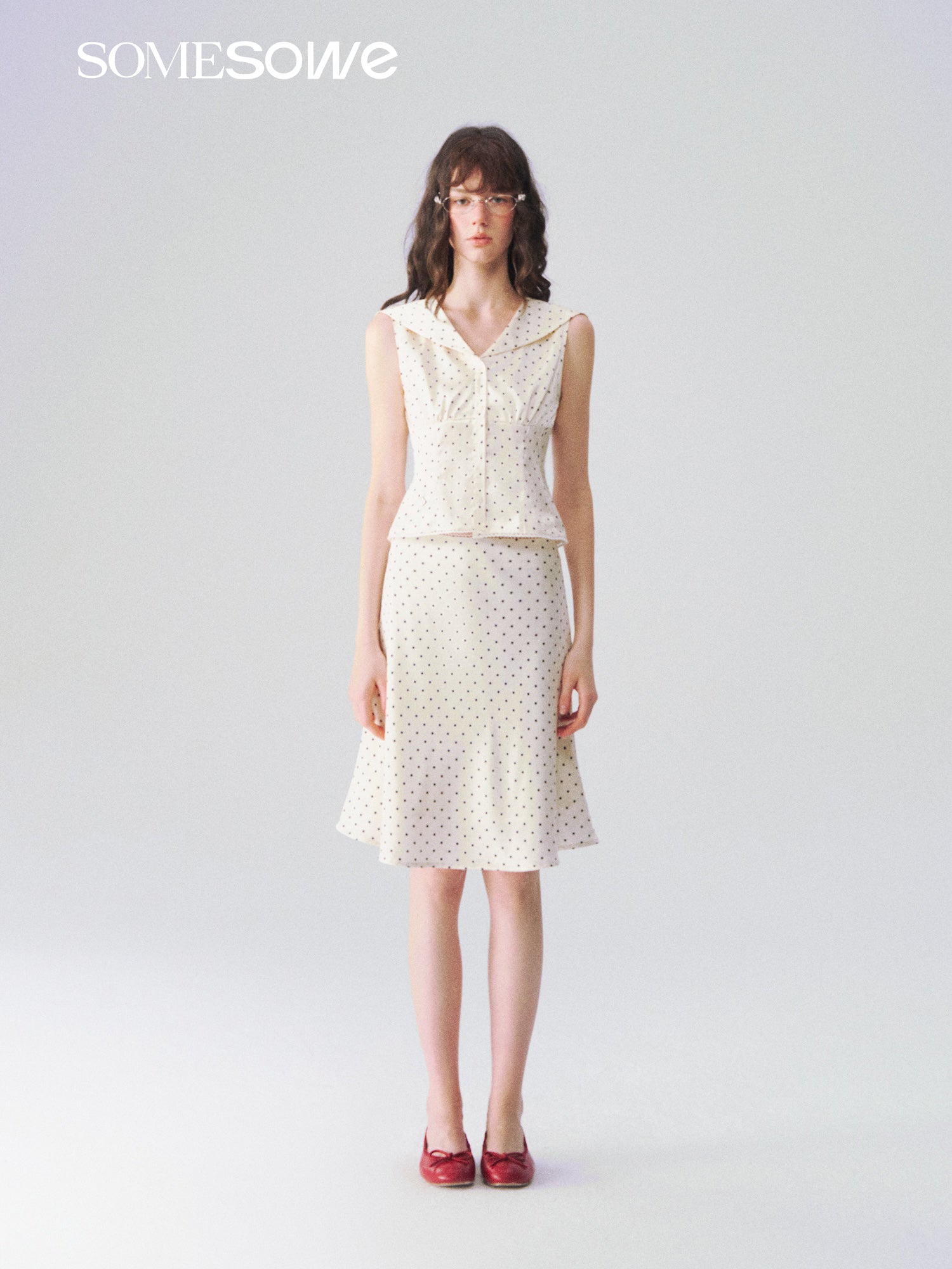 SOMESOWE S2609095&S2609096 Polka dot navy collar top + skirt set