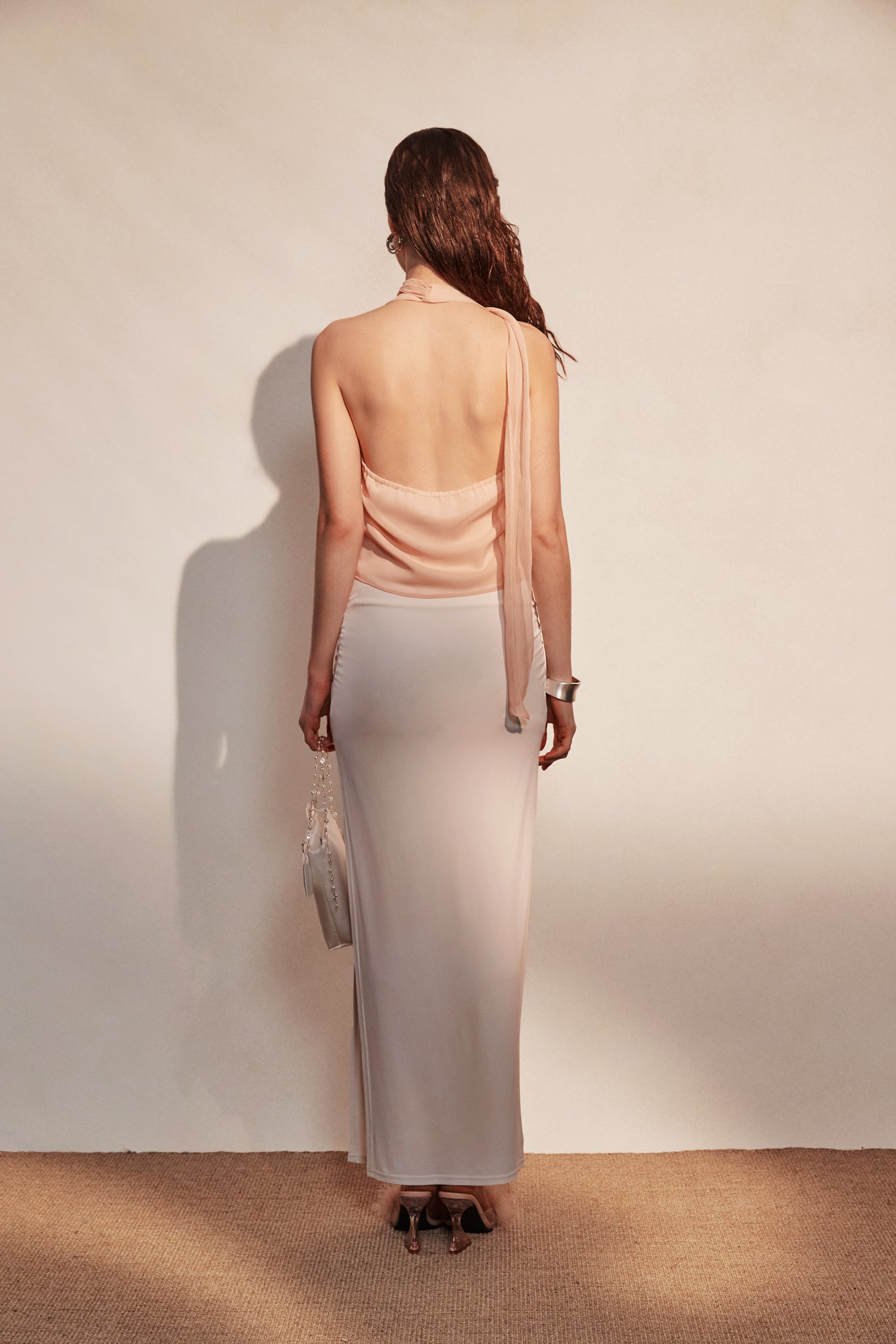 Kingwen Pink lace top  + pleated split maxi skirt set (seperate)