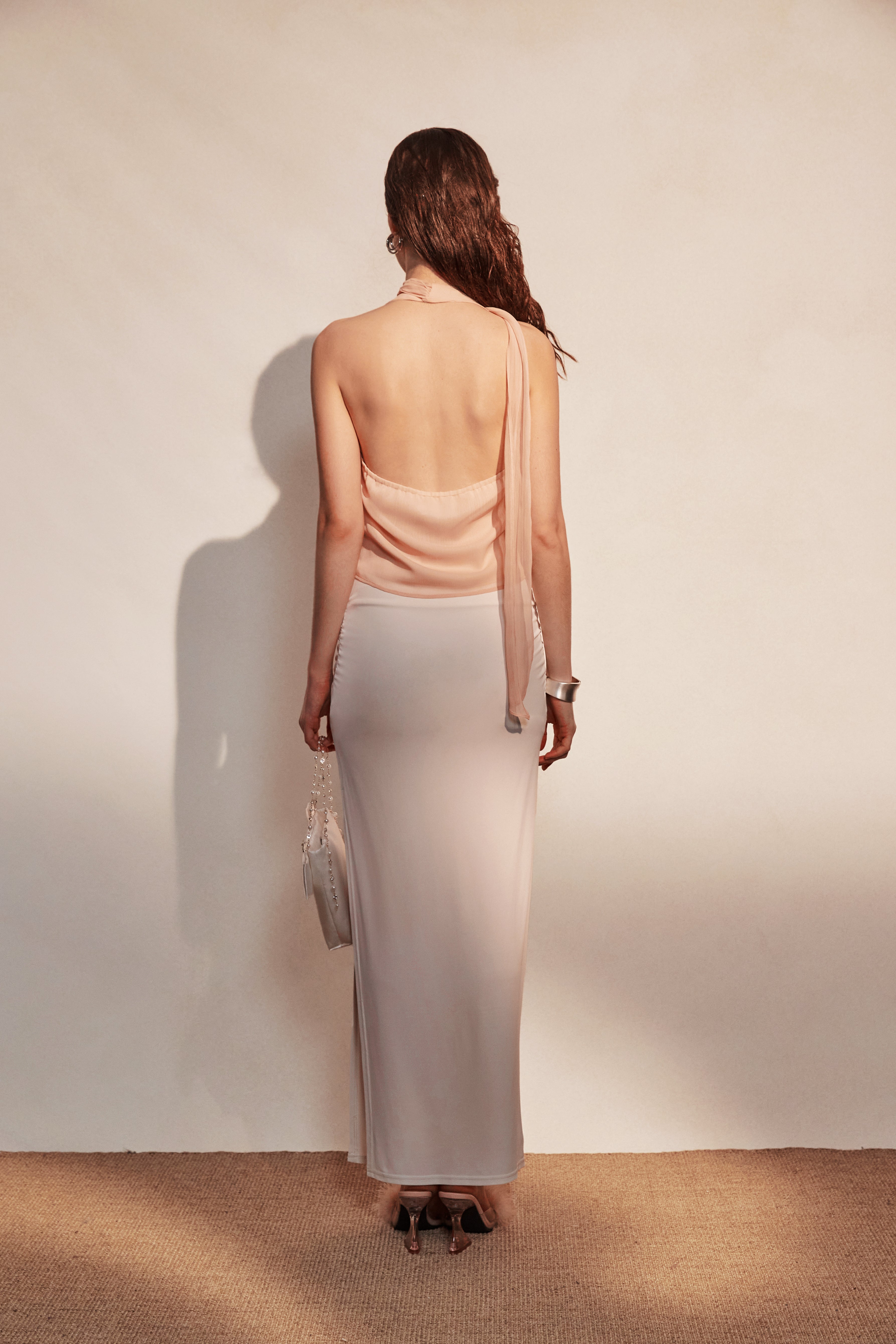 Kingwen Pink lace top + pleated split maxi skirt set (seperate)