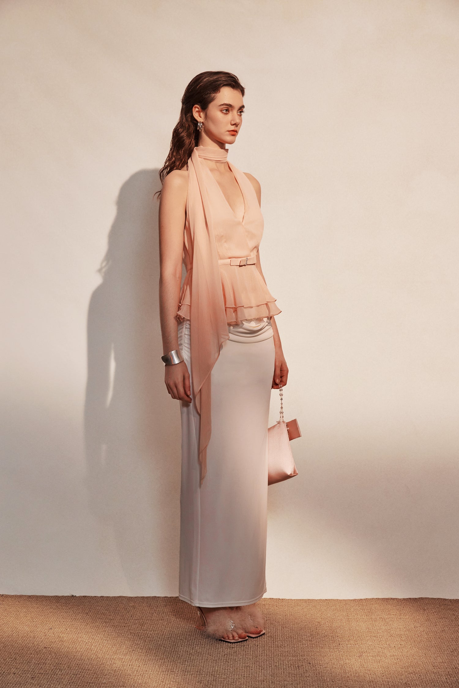 Kingwen Pink hanging neck top + Pleated split maxi skirt set(seperate)