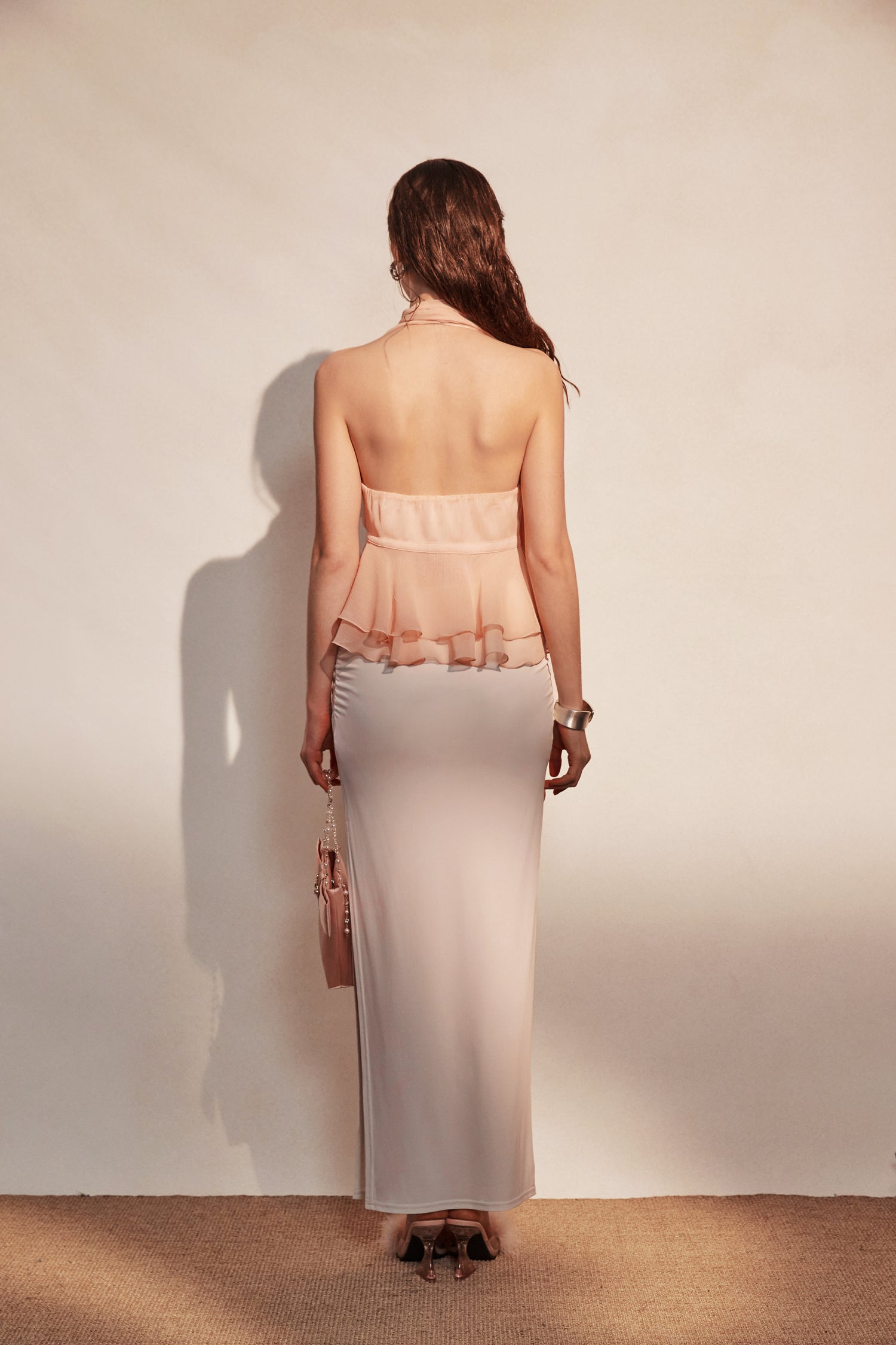 Kingwen Pink hanging neck top + Pleated split maxi skirt set(seperate)