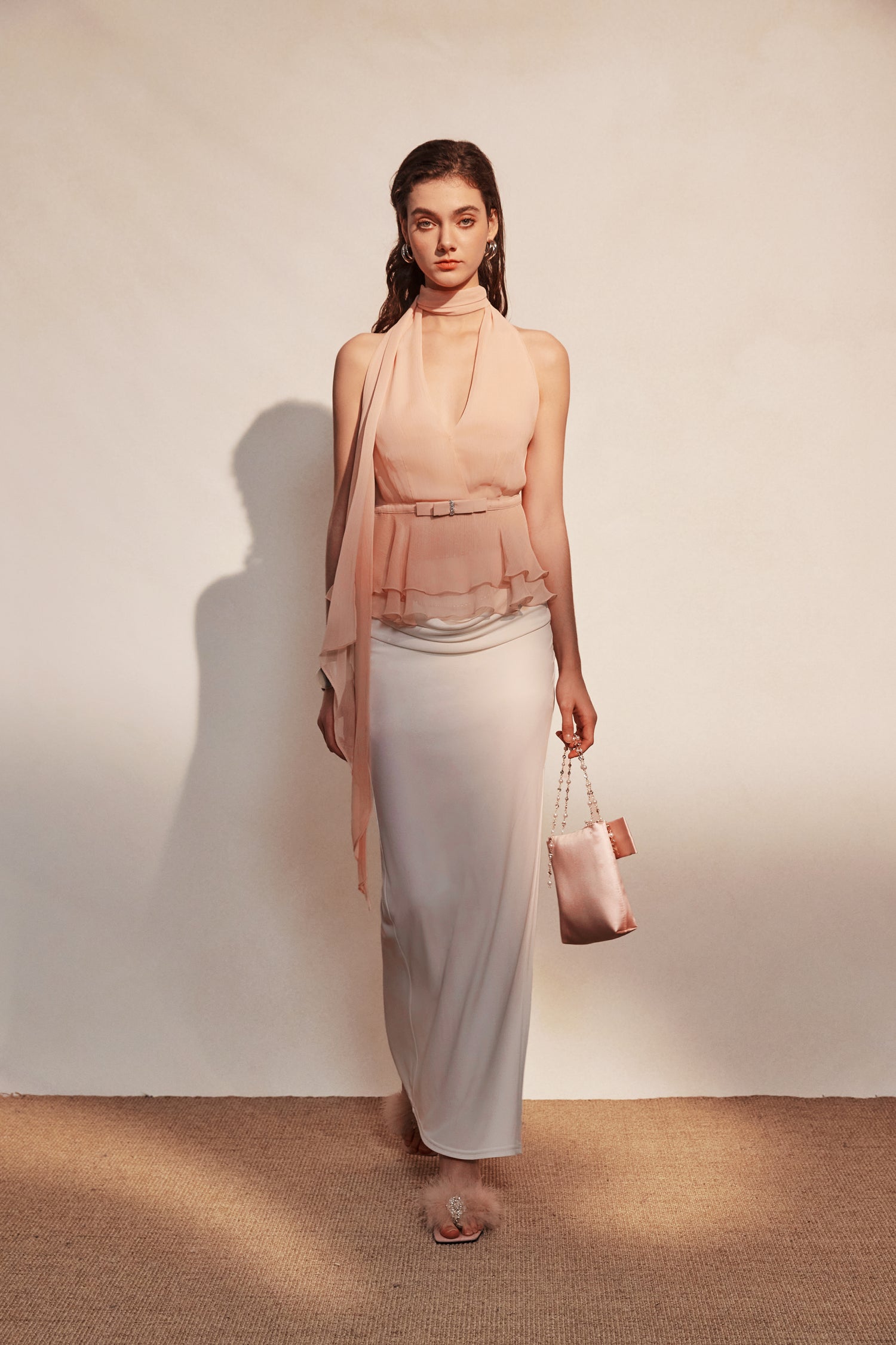 Kingwen Pink hanging neck top + Pleated split maxi skirt set(seperate)