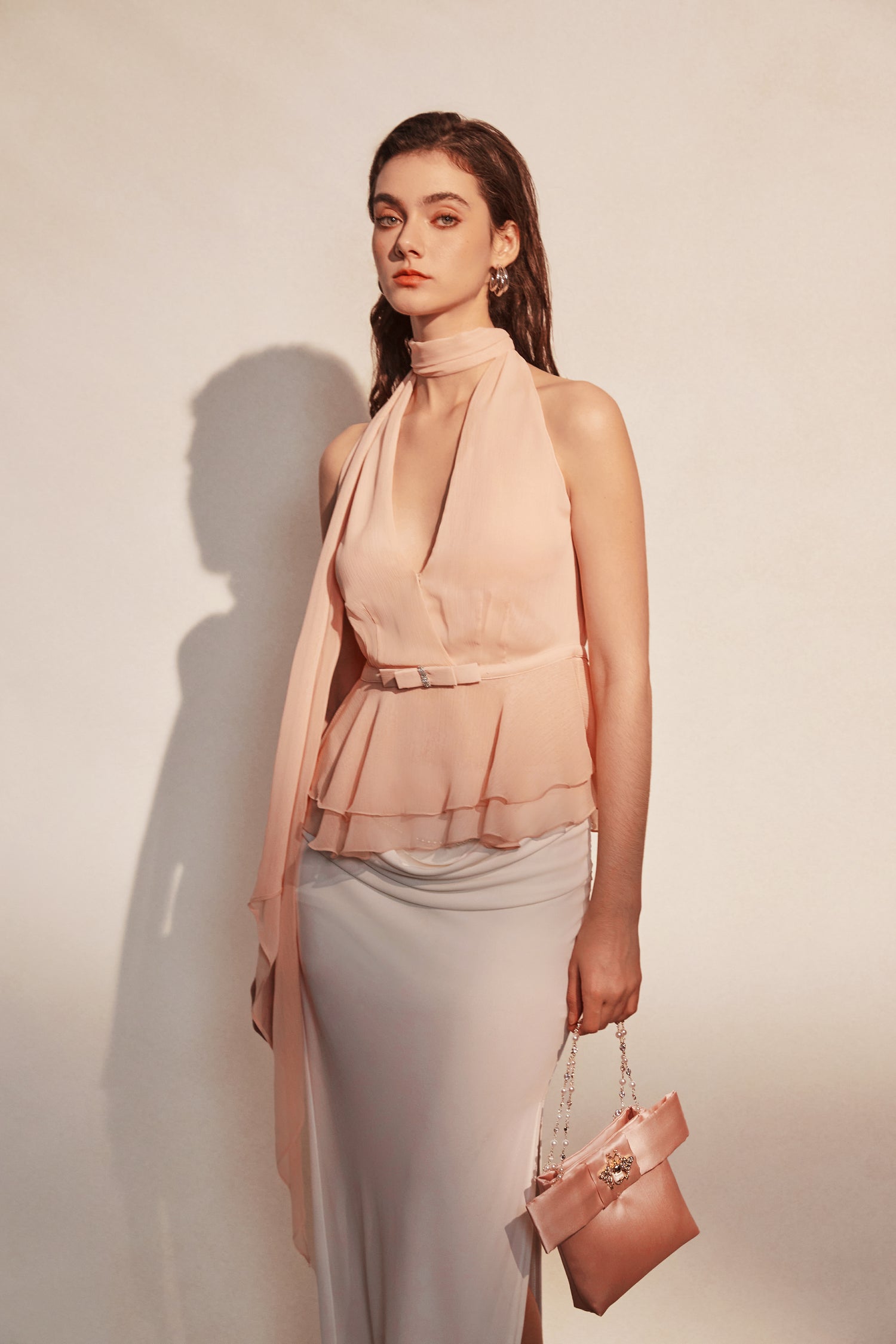 Kingwen Pink hanging neck top + Pleated split maxi skirt set(seperate)