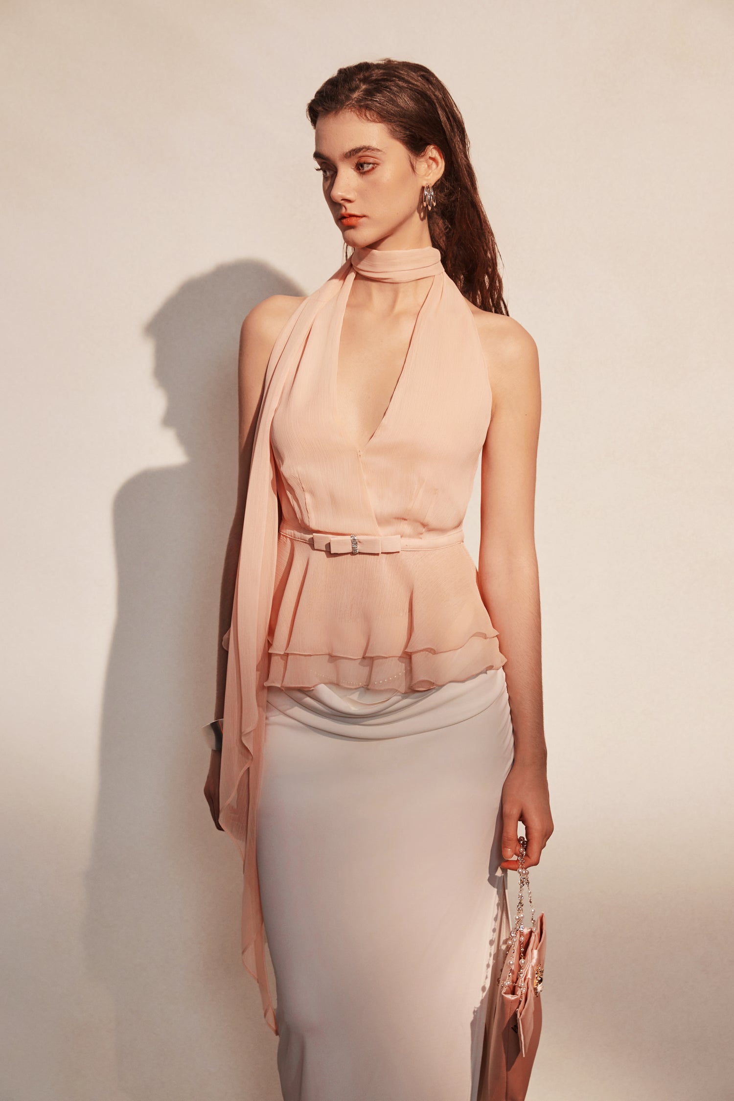 Kingwen Pink hanging neck top + Pleated split maxi skirt set(seperate)