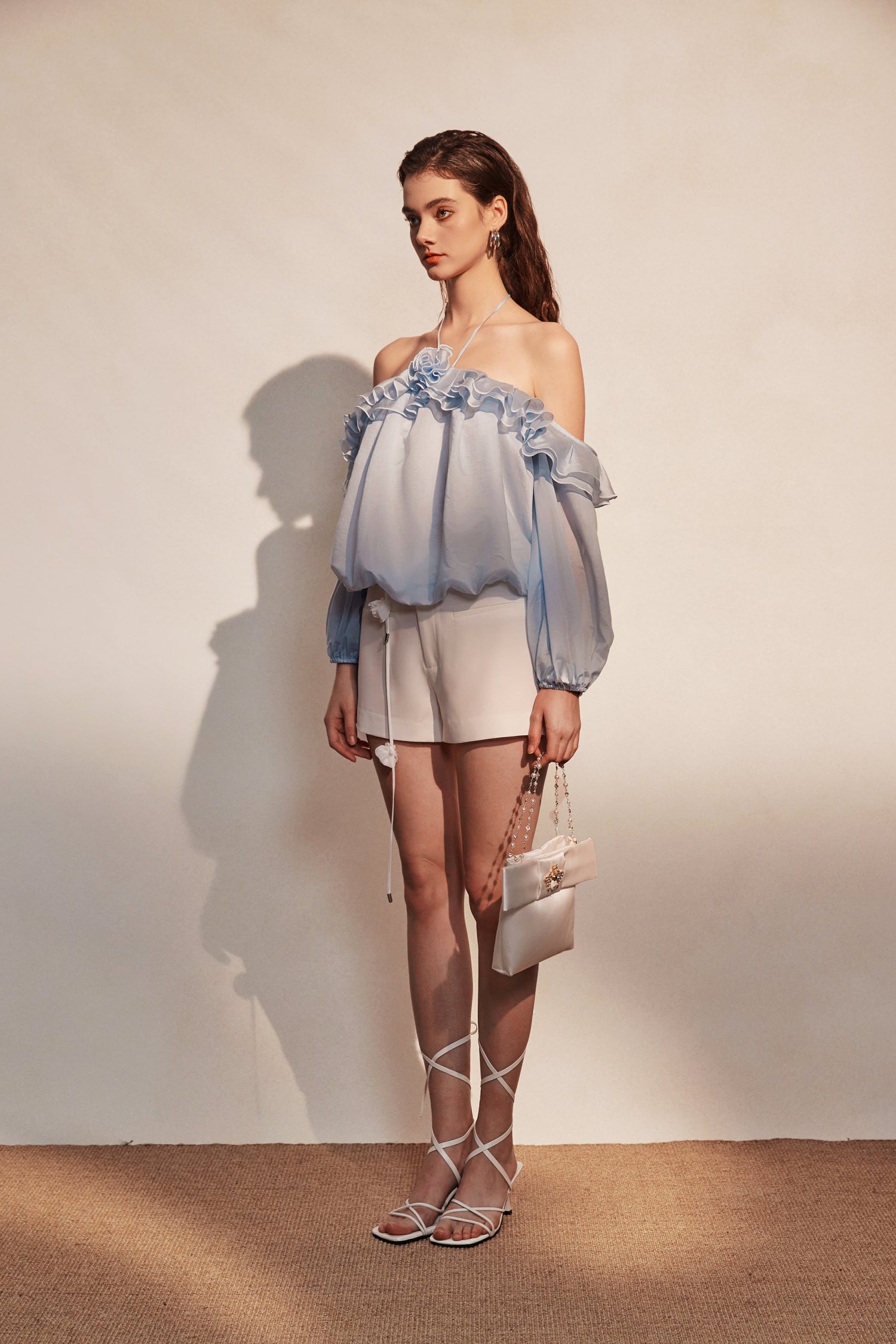 Kingwen Blue neck hanging shirt  + lace up shorts set (seperate)