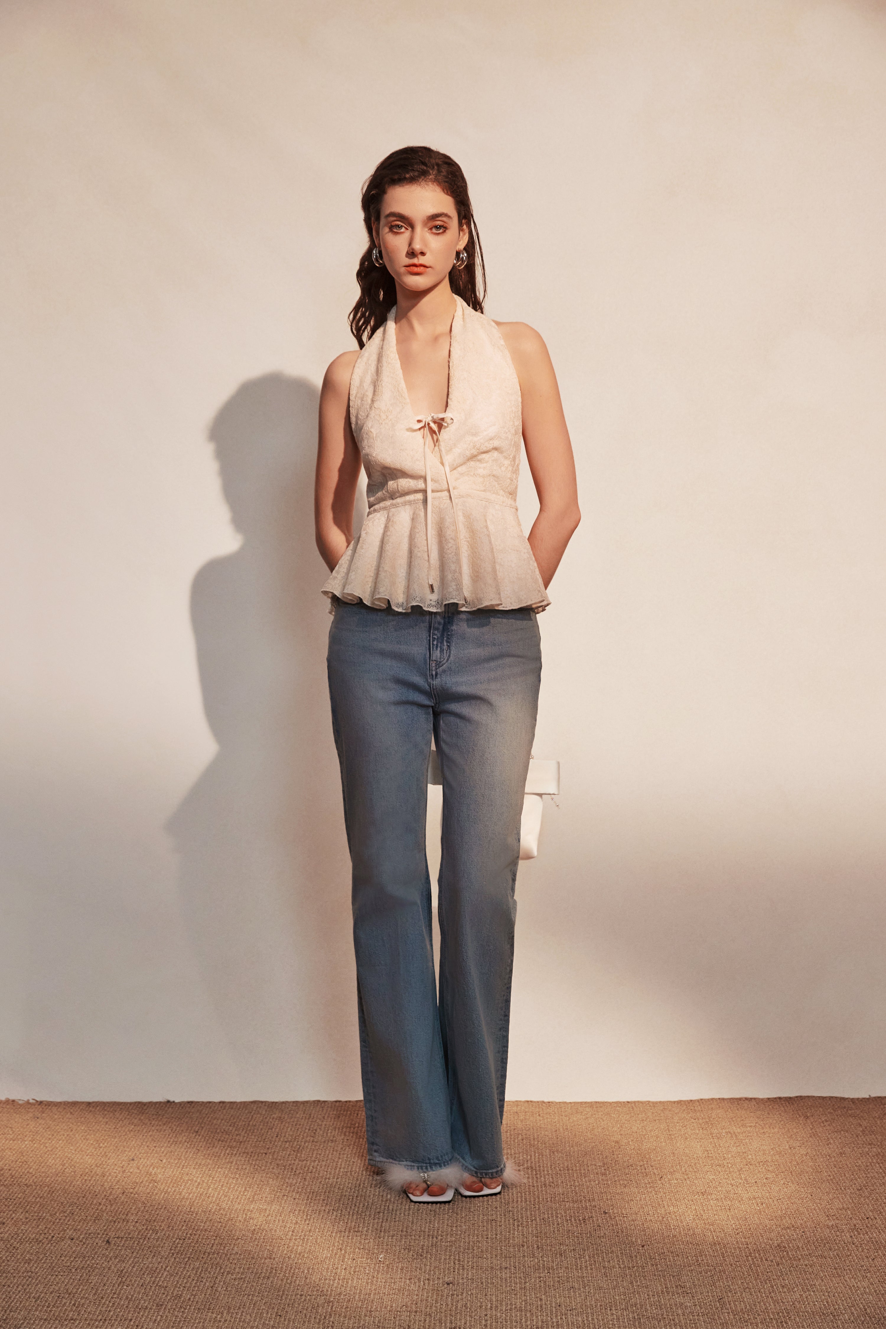 Kingwen Beige textured neck hanging top