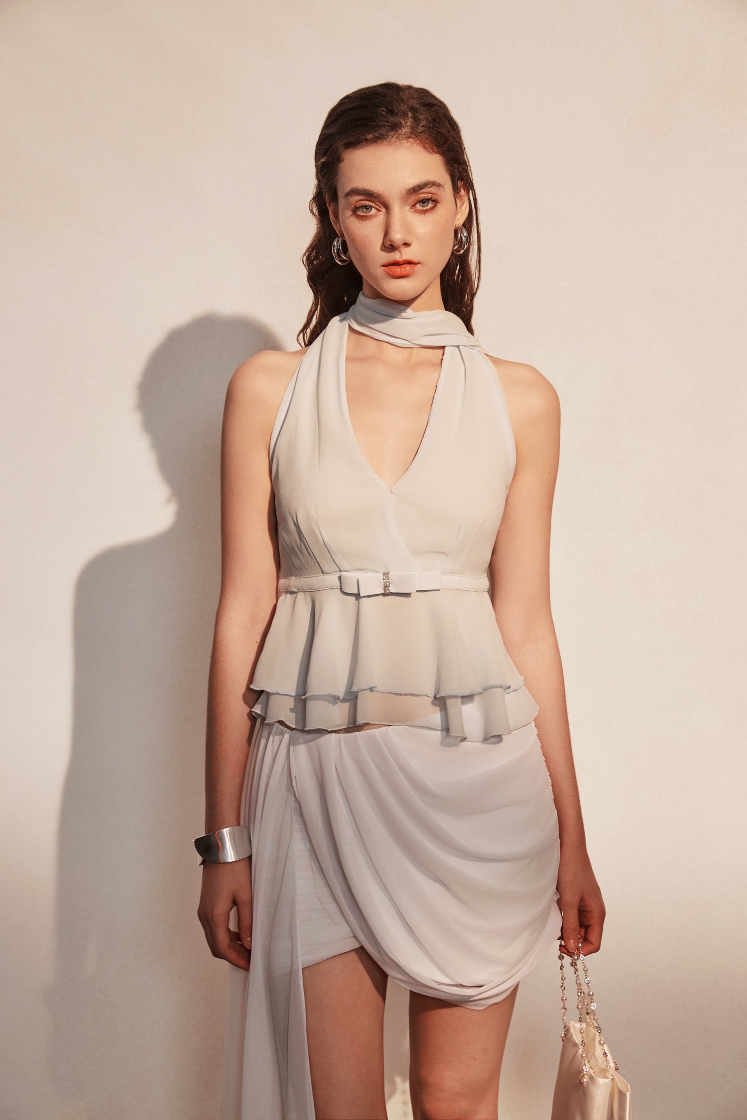 Kingwen Ribbon hanging neck top + Pleated ribbon skirt set (seperate)