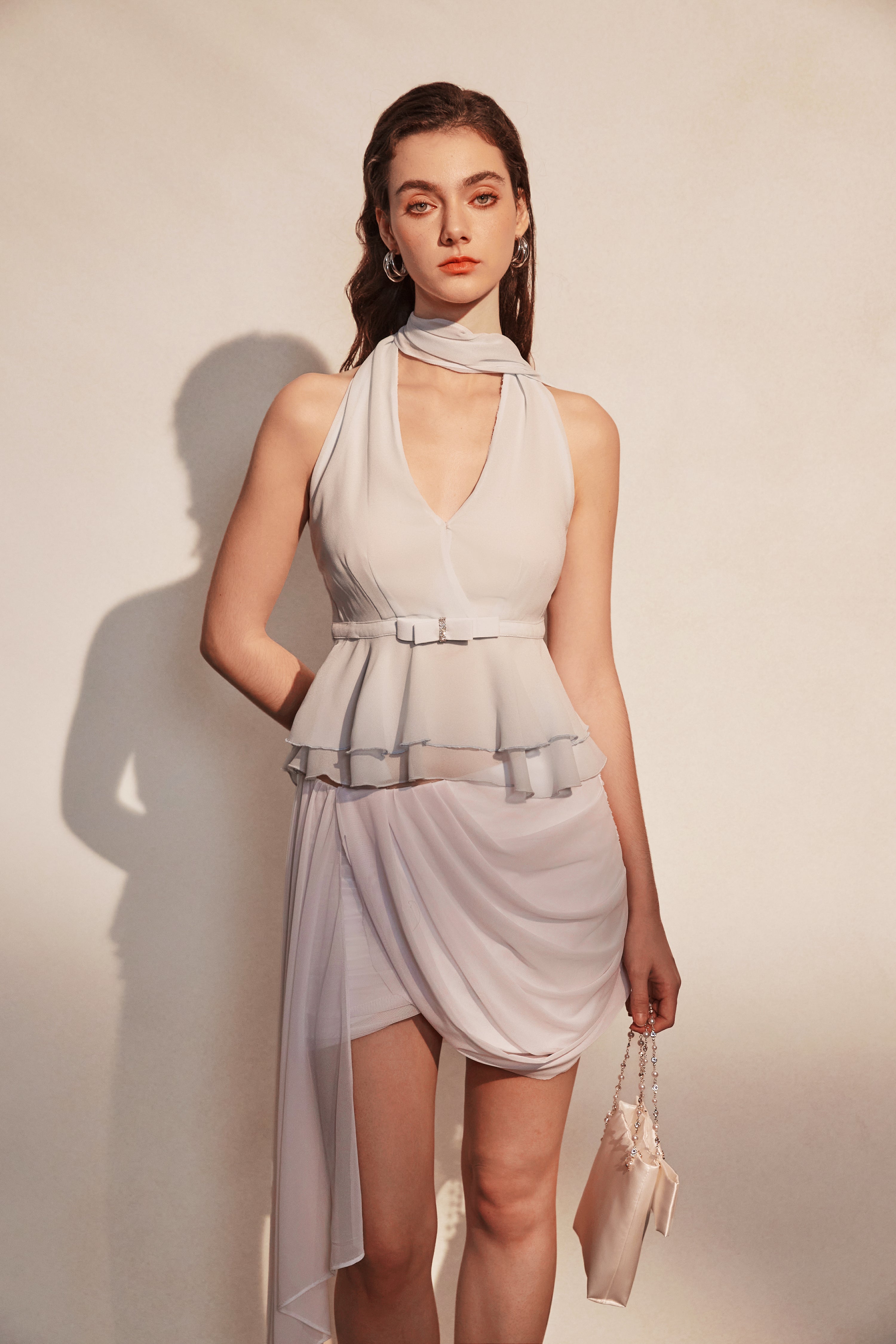 Kingwen Ribbon hanging neck top + Pleated ribbon skirt set (seperate)